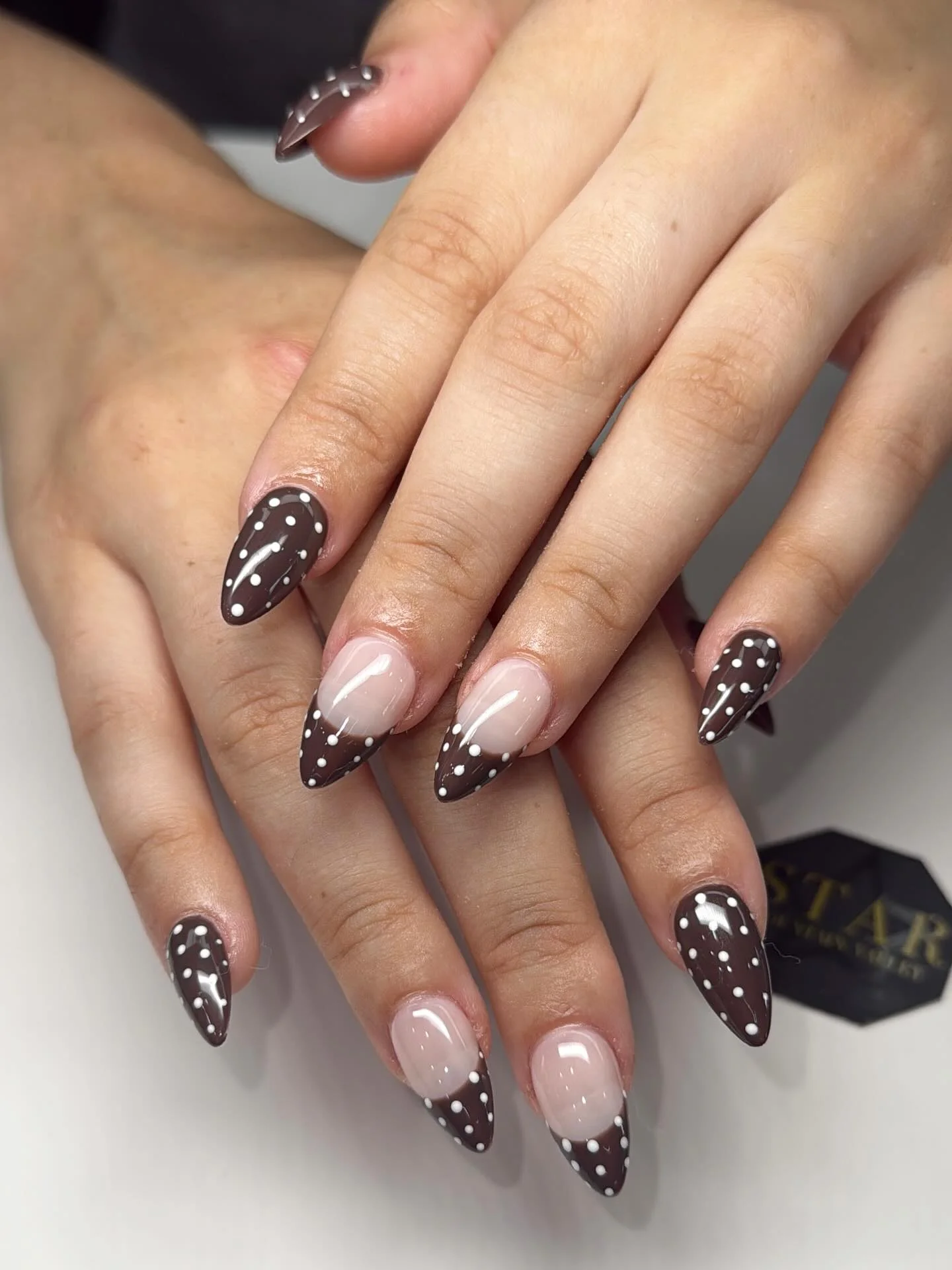 early fall nails 2026 Chocolate Polka Dot Almond French Nails