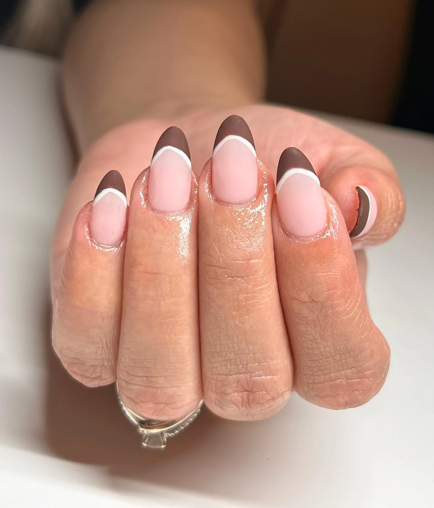 fall french nails 2026 Minimal Mocha French Tips With Soft Almond Shape