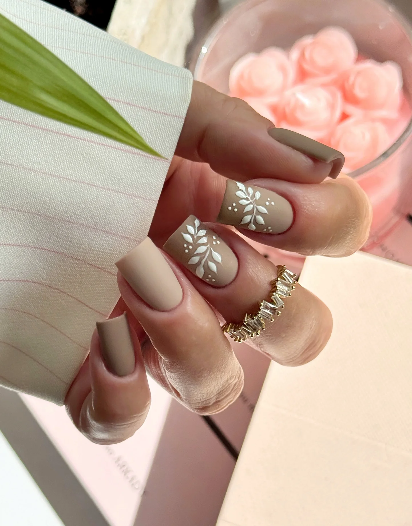 fall medium length nails 2026 Matte Taupe With Delicate White Foliage