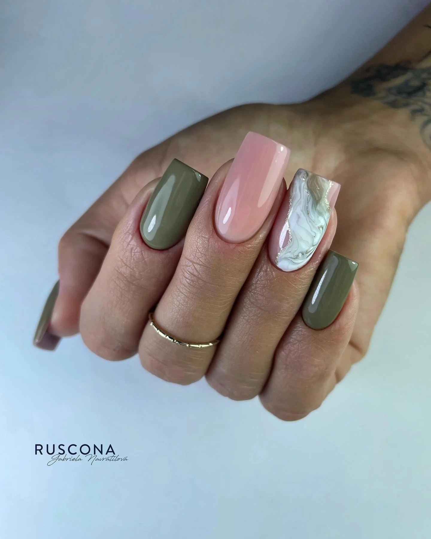 fall nail designs square shape 2026 Olive Marble Elegance With Soft Neutral Contrast