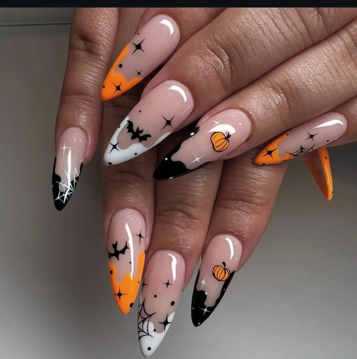 halloween nail art 2026 Long Orange And Black Spooky French