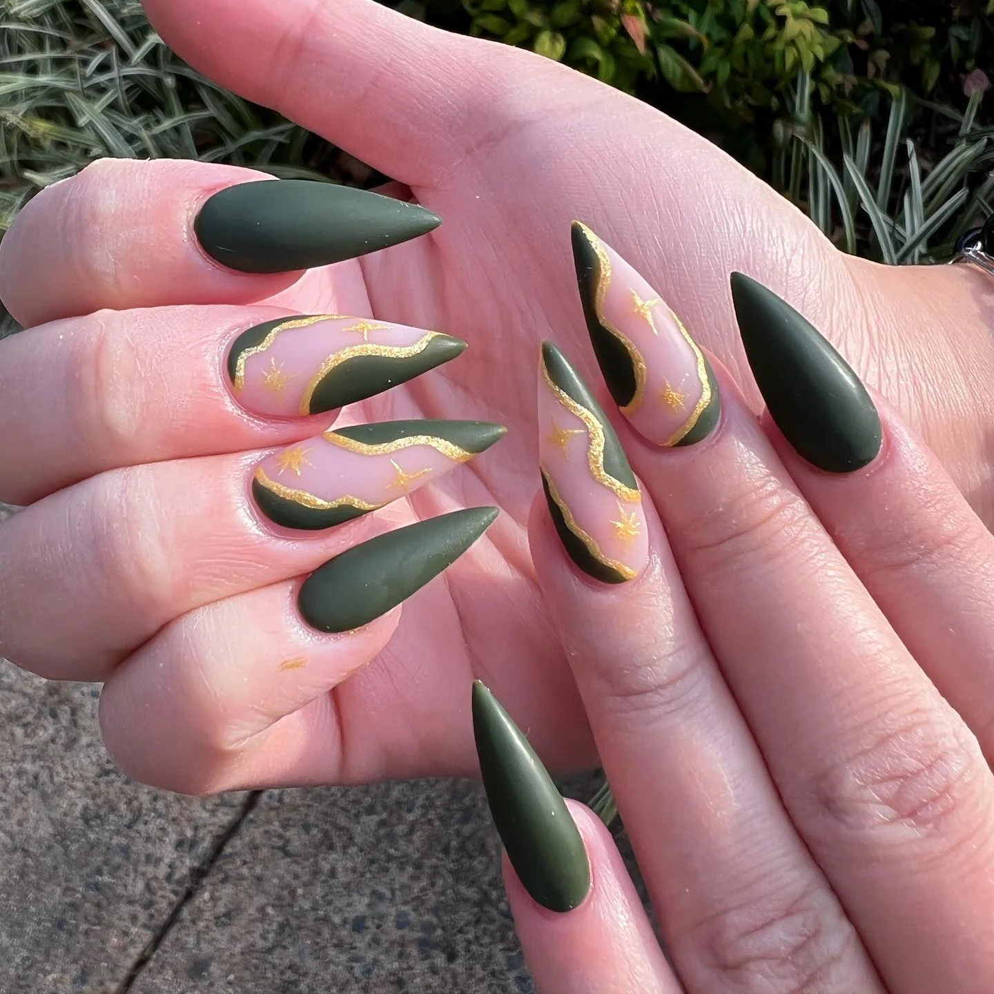 matte fall nails design 2026 Matte Olive Green Nails With Abstract Gold Waves