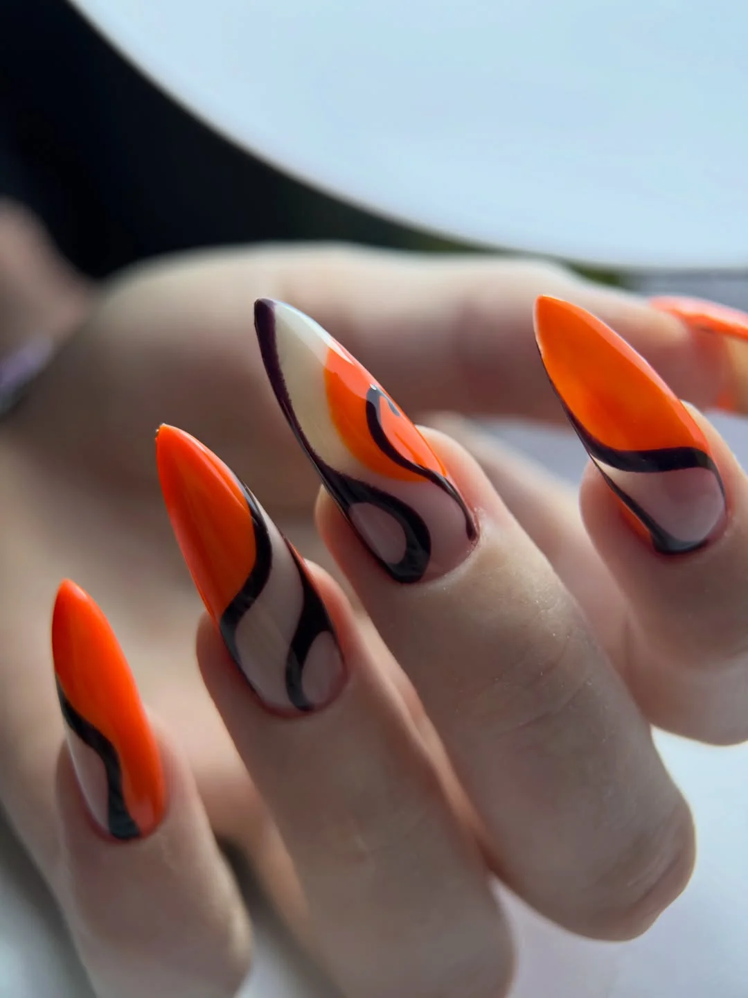 fall long nails 2026 Burnt Orange And Chocolate Swirl Almond Nails