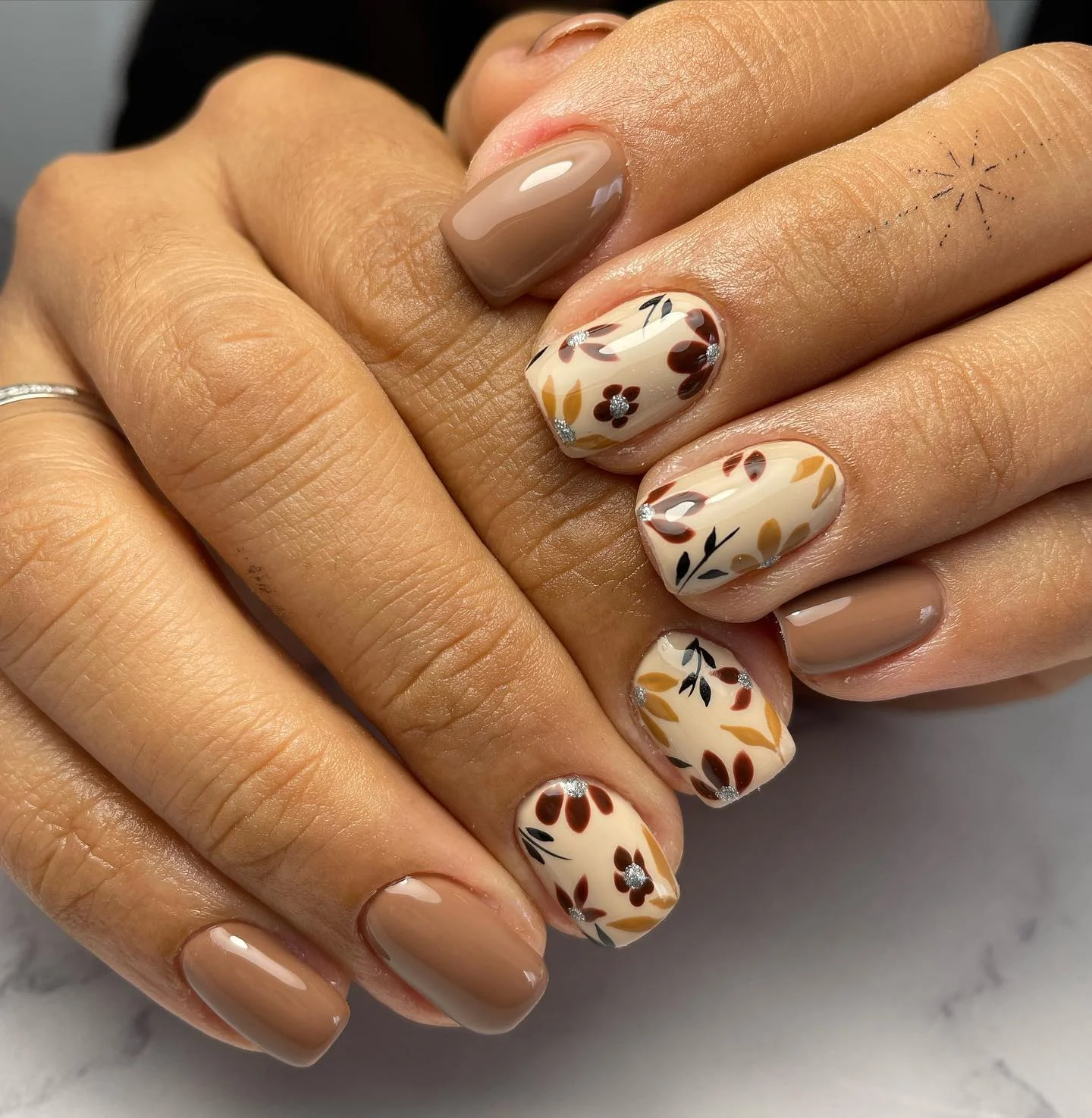 fall nail designs square shape 2026 Neutral Botanical Nails With Cozy Autumn Florals