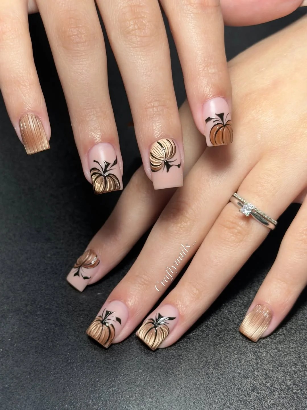 fall nails with pumpkins 2026 Bronze Pumpkin Line Art On A Nude Base