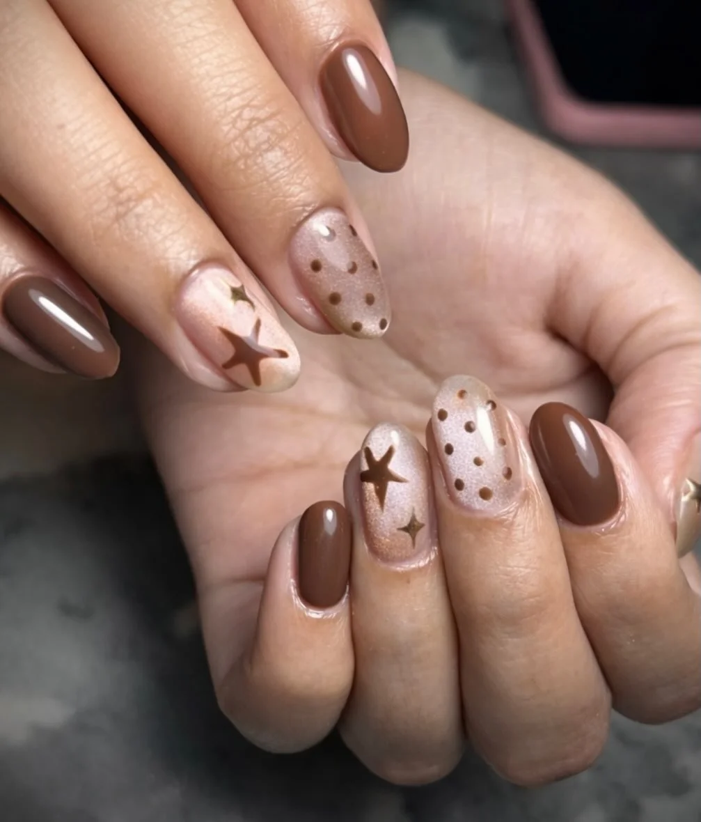 fall short almond nails 2026 Chocolate Stars And Delicate Polka Dot Accents