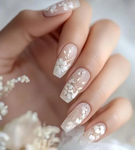 fall wedding nails 2026 Romantic Blossom Accents With Soft Glitter Ombre