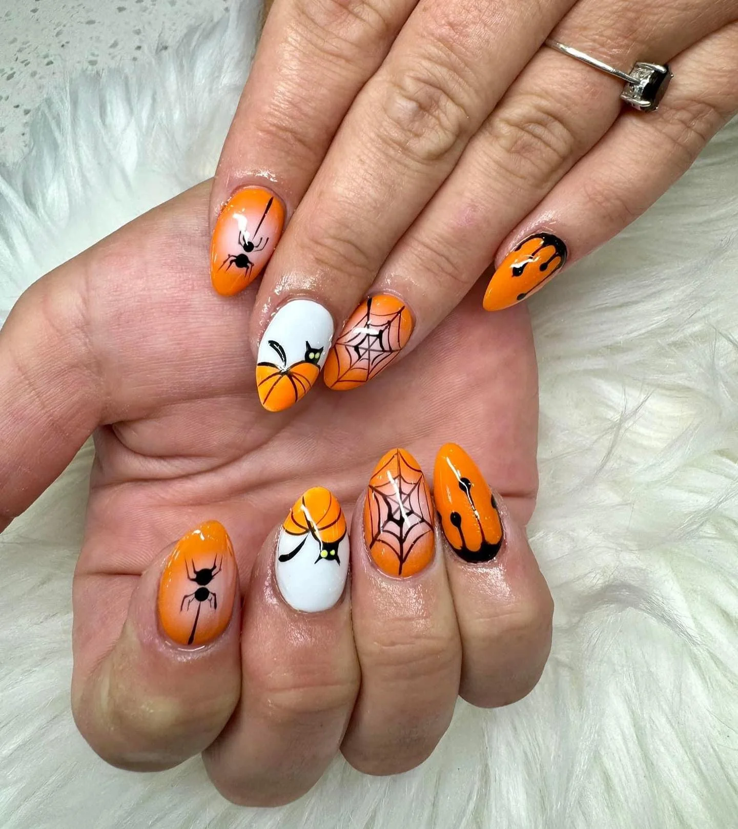 halloween nail art 2026 Bright Pumpkin Orange With Spiders And Webs