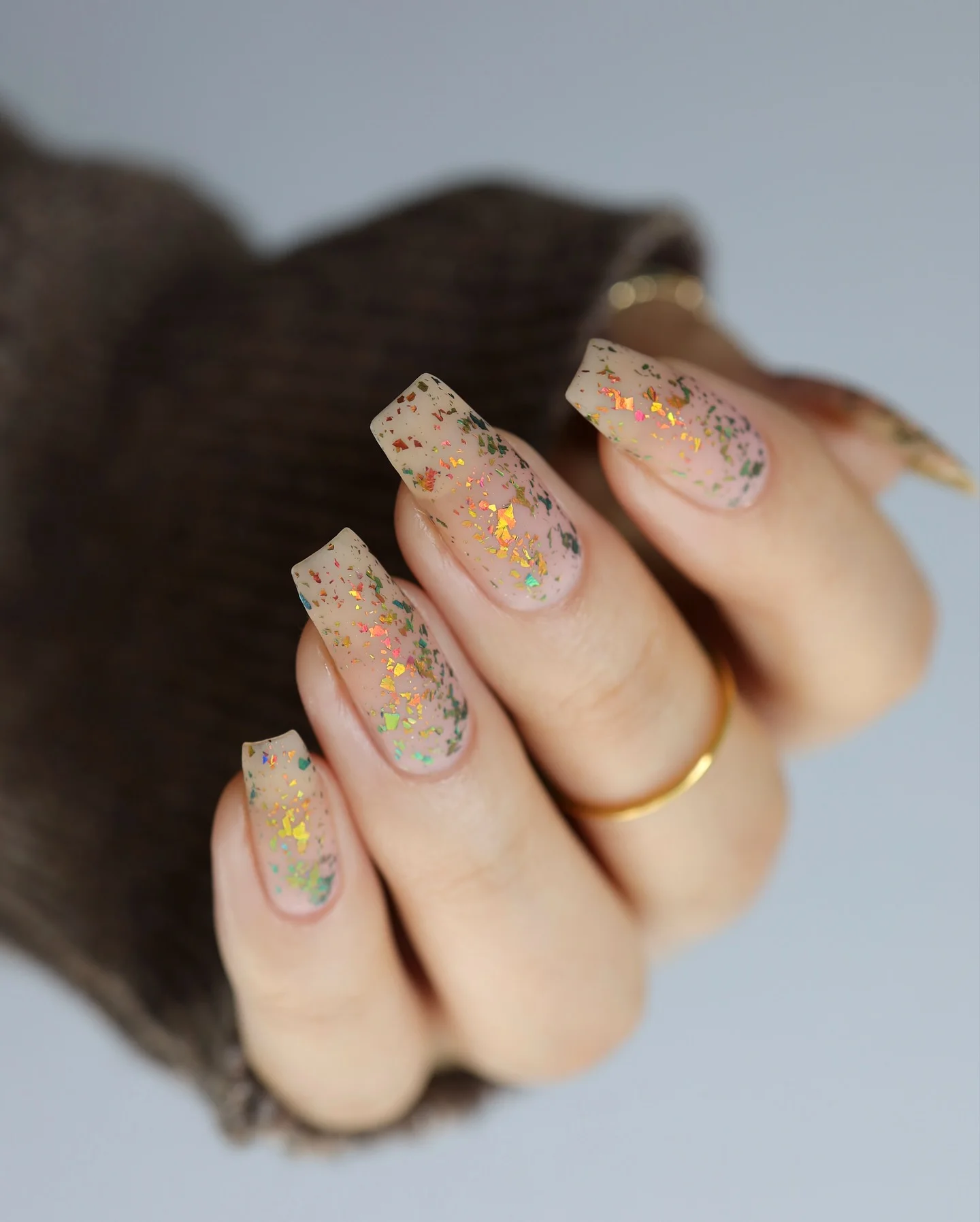 matte fall nails design 2026 Matte Nude Nails With Multicolor Foil