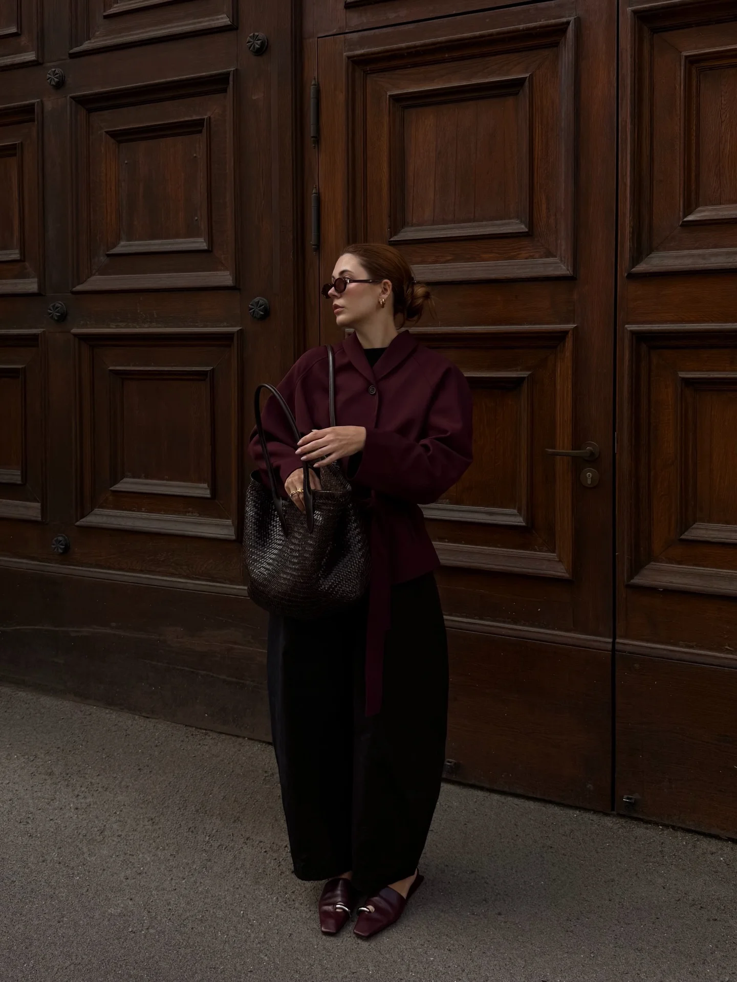 september fashion trends 2026 Deep Burgundy Jacket With Fluid Black Trousers