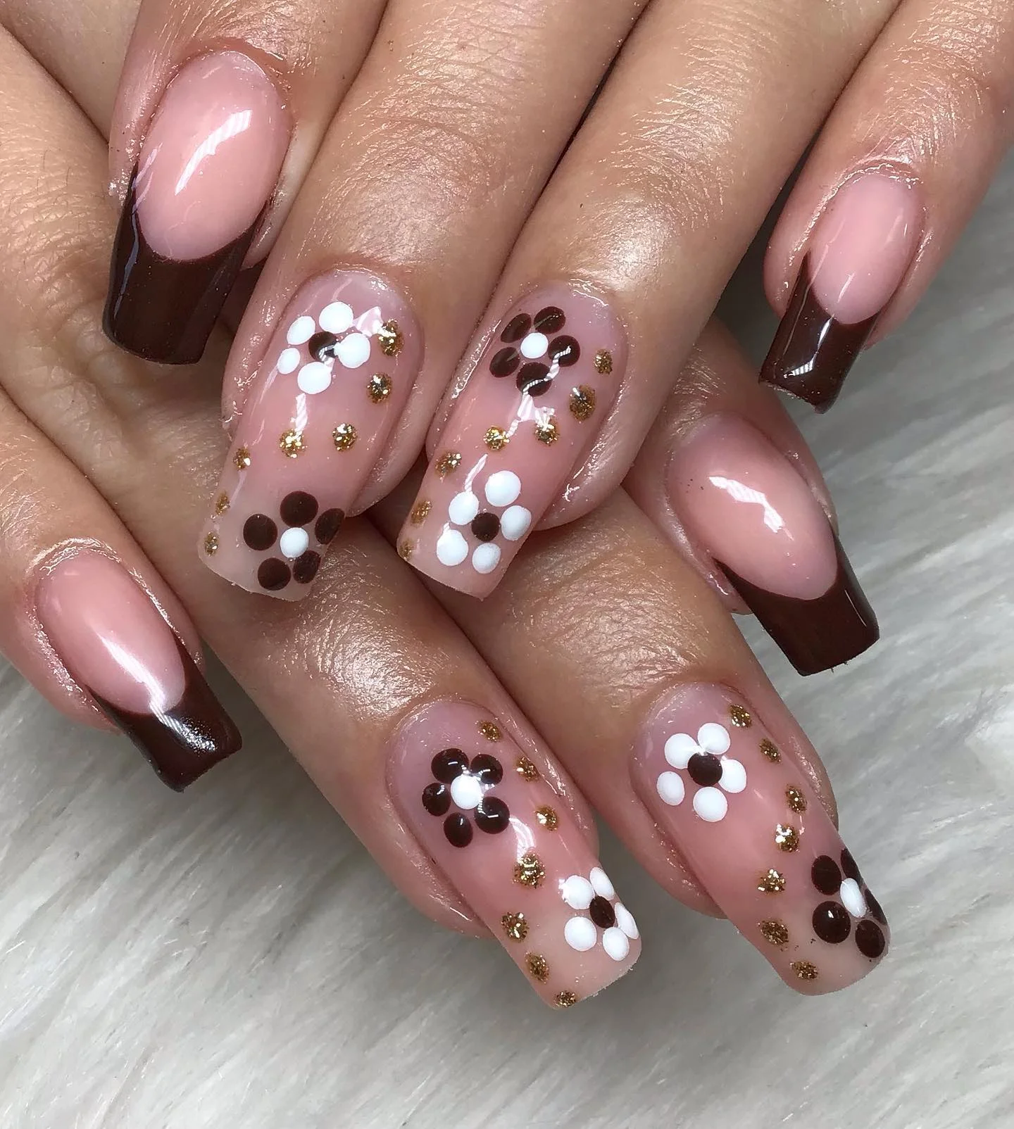 fall french nails 2026 Chocolate Floral French With Golden Sparkle Details
