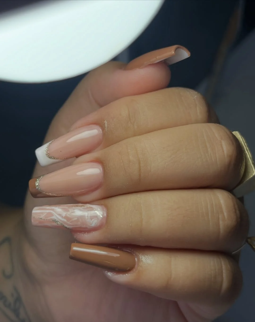fall manicure ideas 2026 Neutral Marble And Color Block Square Nails