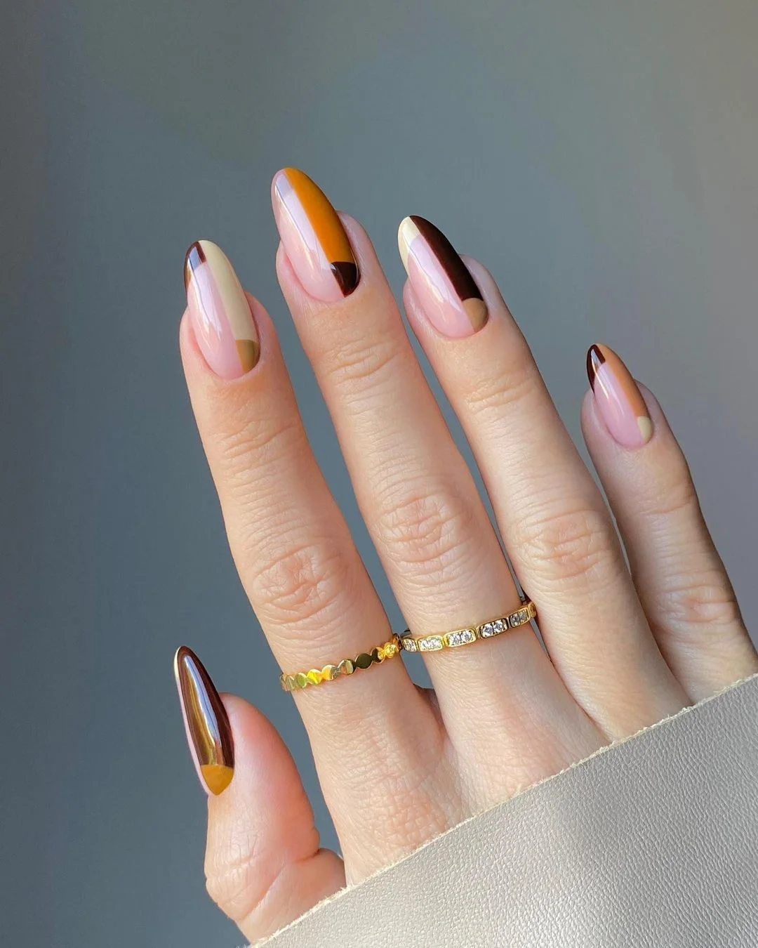 fall medium length nails 2026 Amber And Chocolate Abstract French Tips