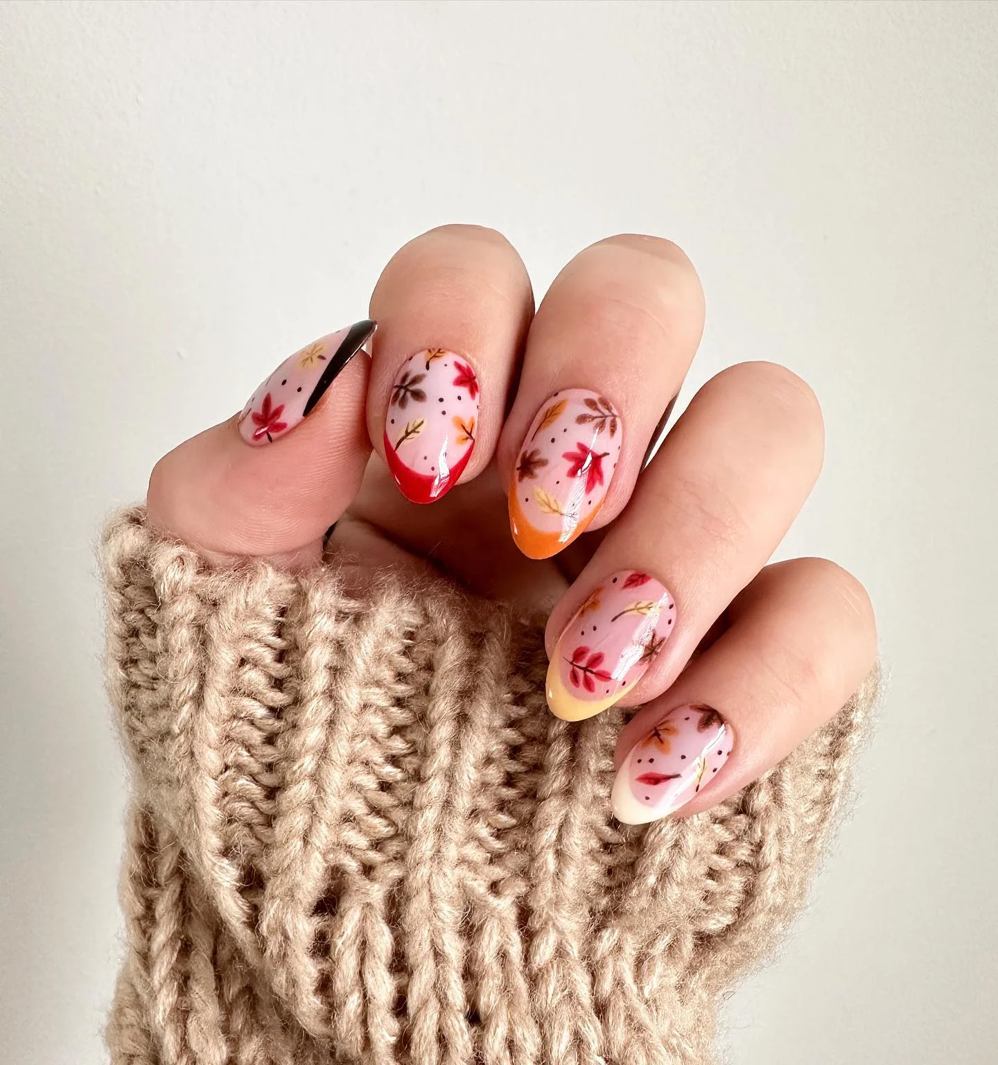 fall mid length nails 2026 Colorful Autumn Leaves On Sheer Nude Nails