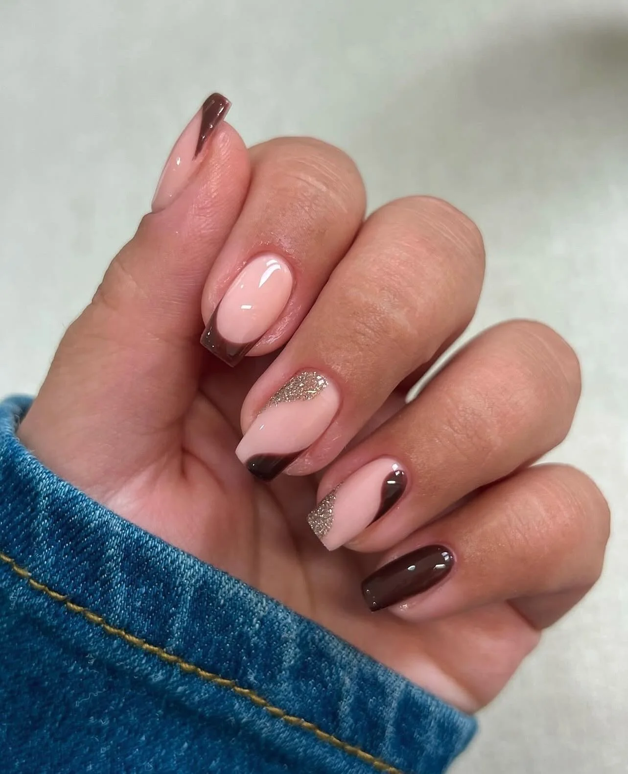 fall nail designs square shape 2026 Chocolate French Angles With Soft Glitter Details