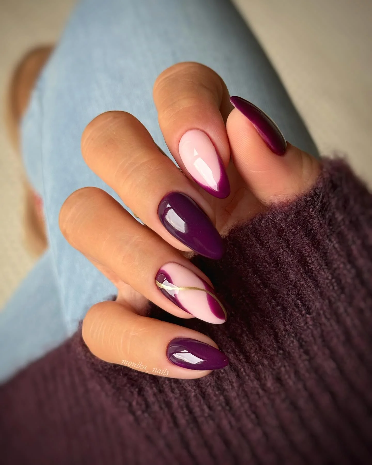 fall nails for tan skin tone Rich Plum And Blush Contrast With A Golden Accent