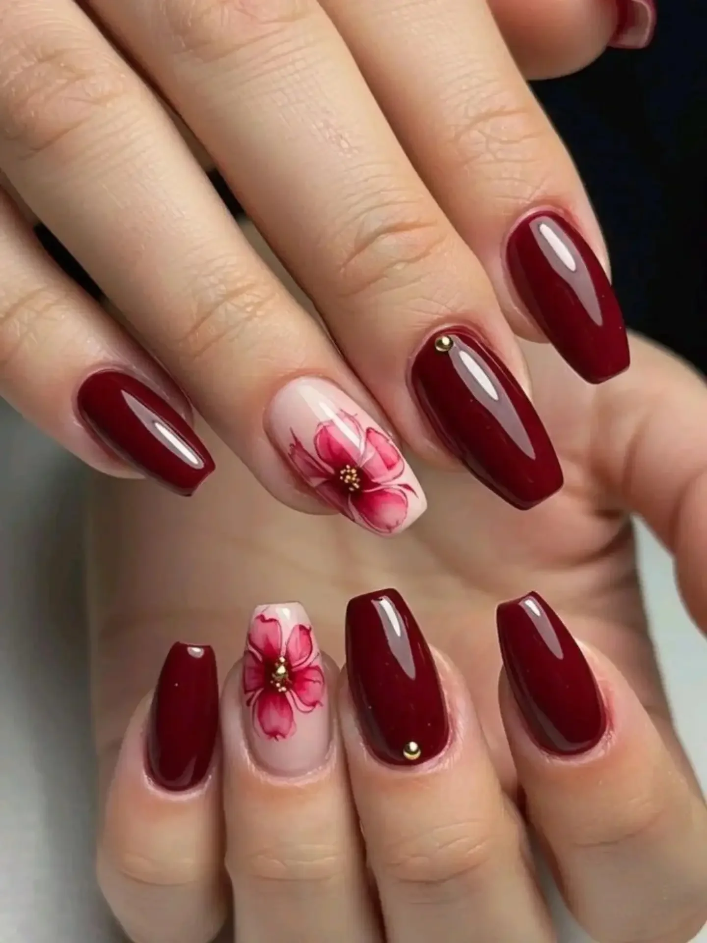 fall nails with accent nail Burgundy Gloss With A Delicate Floral Accent