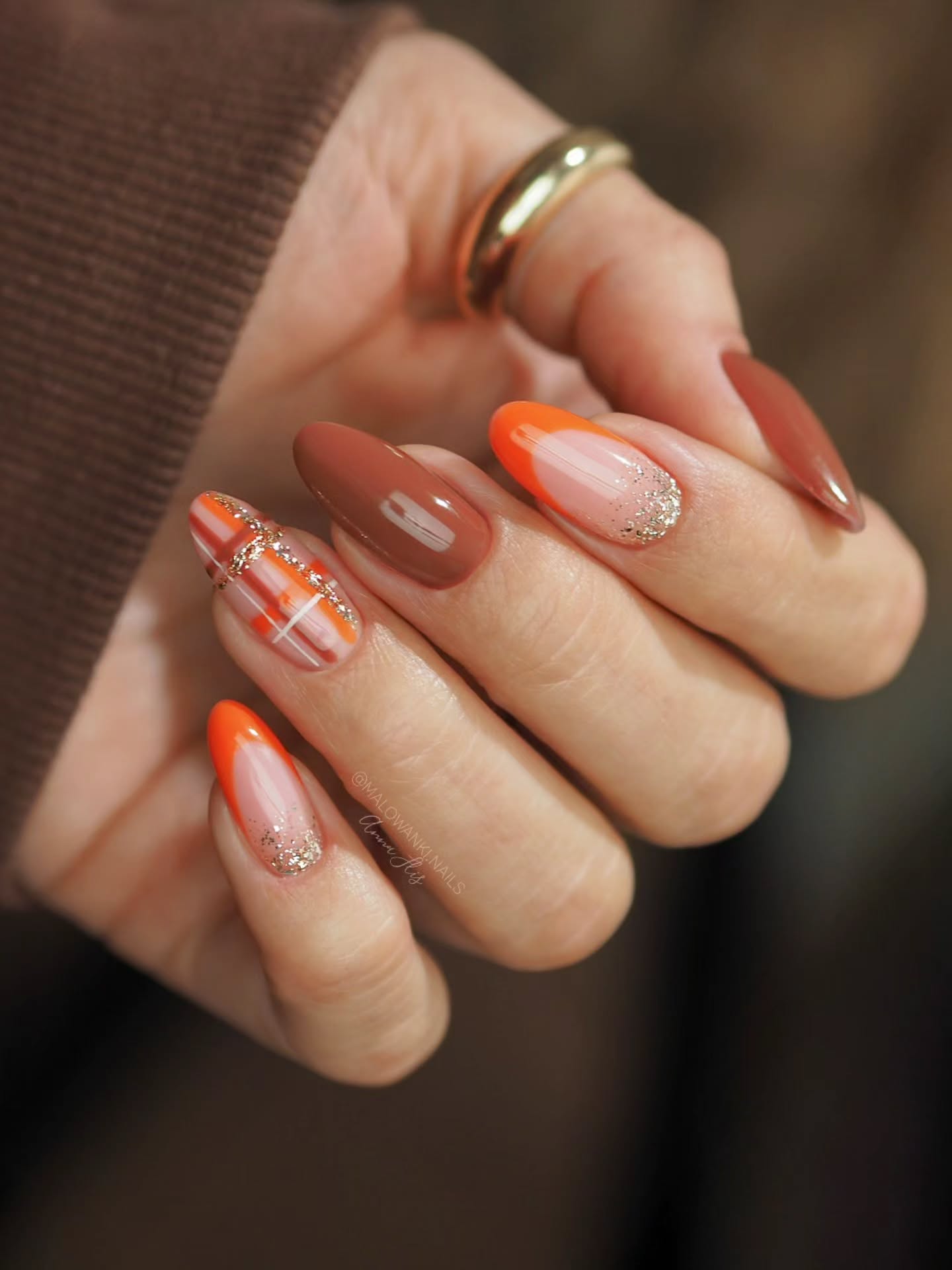 fall nails with autumn designs Warm Terracotta And Orange With Fine Glitter Plaid Accents