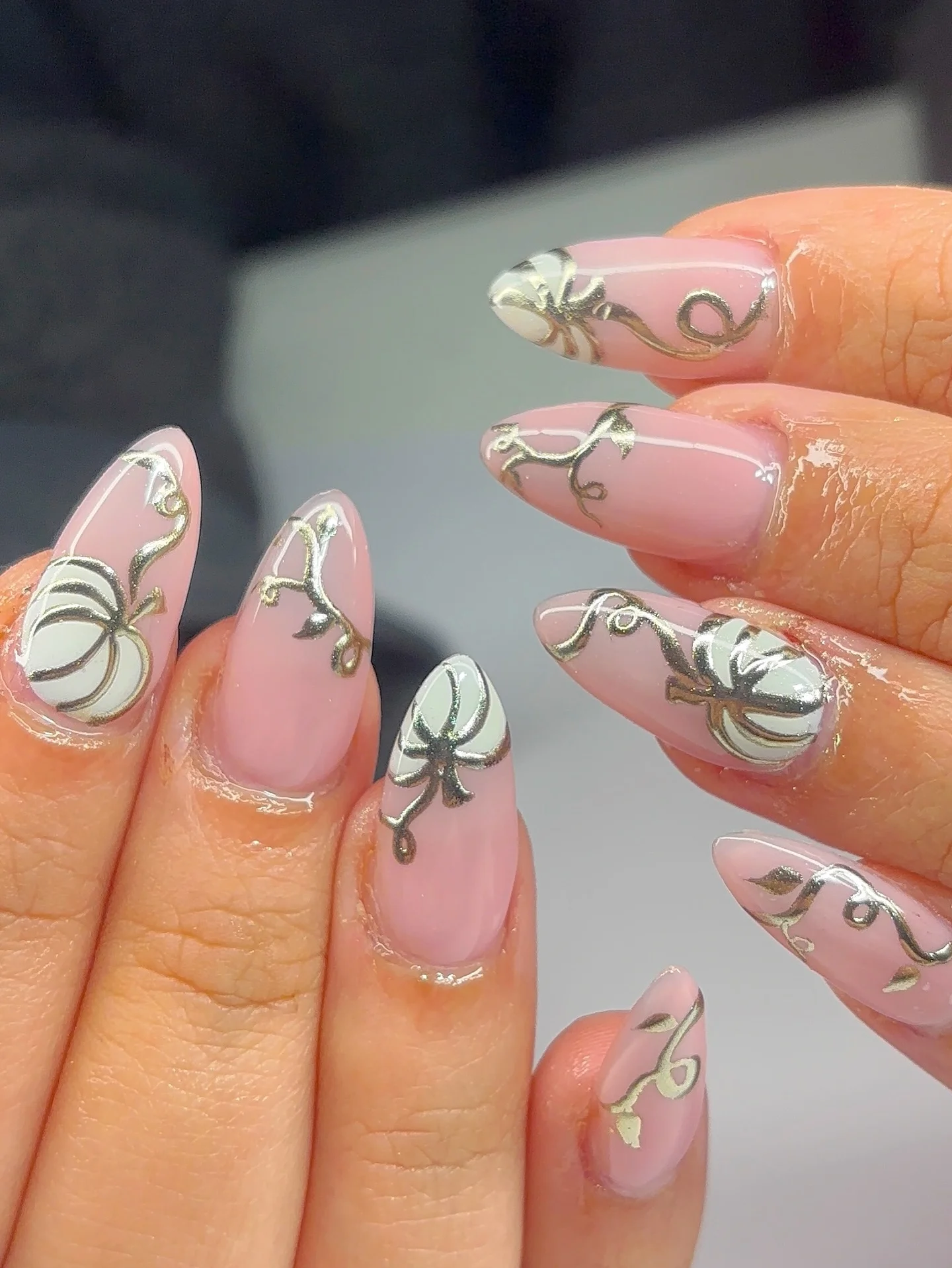 fall nails with pumpkins 2026 Silver Pumpkin Ribbons On Sheer Pink Nails