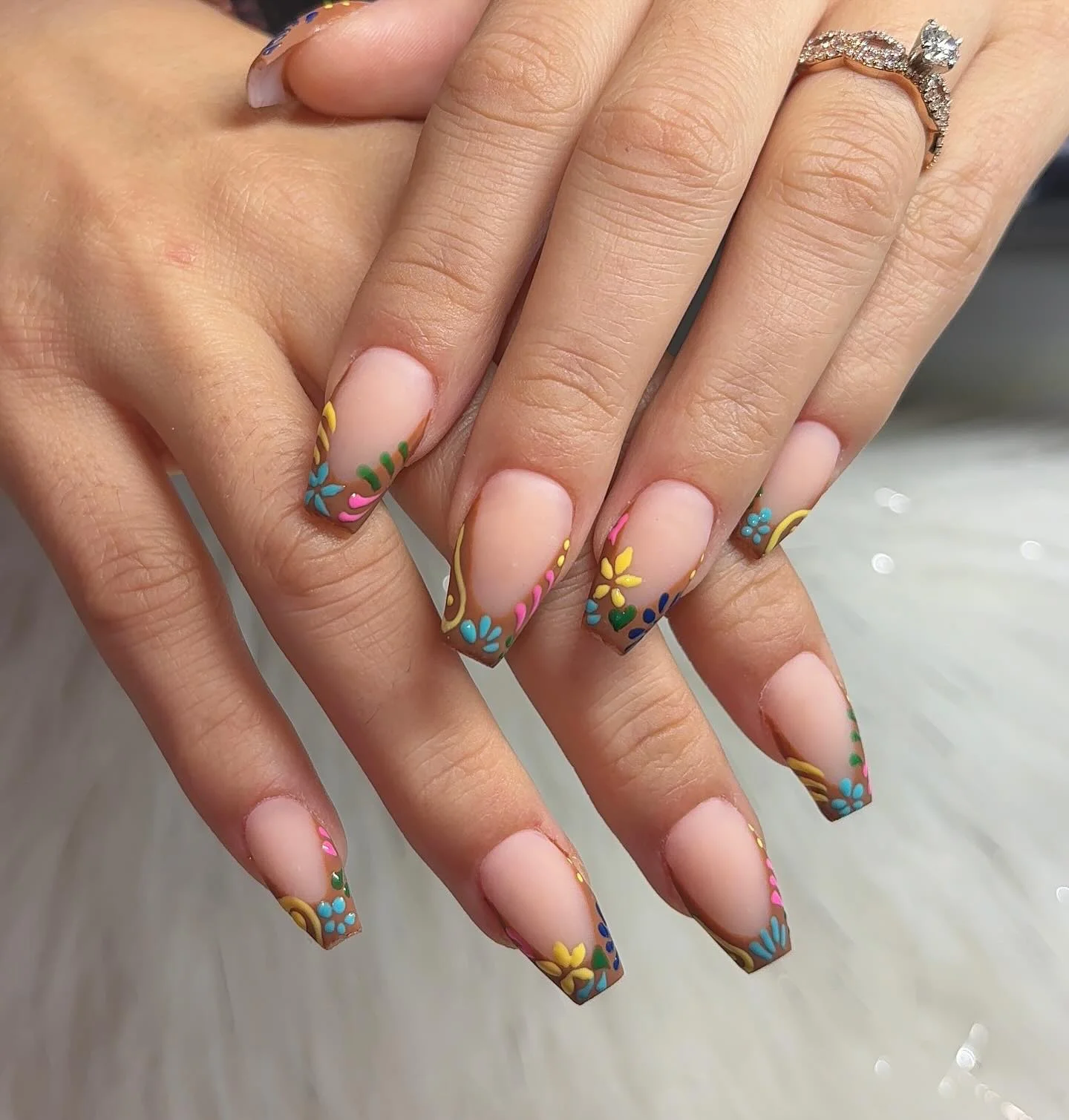 fall short coffin nails designs 2026 Matte Nude Coffin Nails With Colorful Floral French Tips