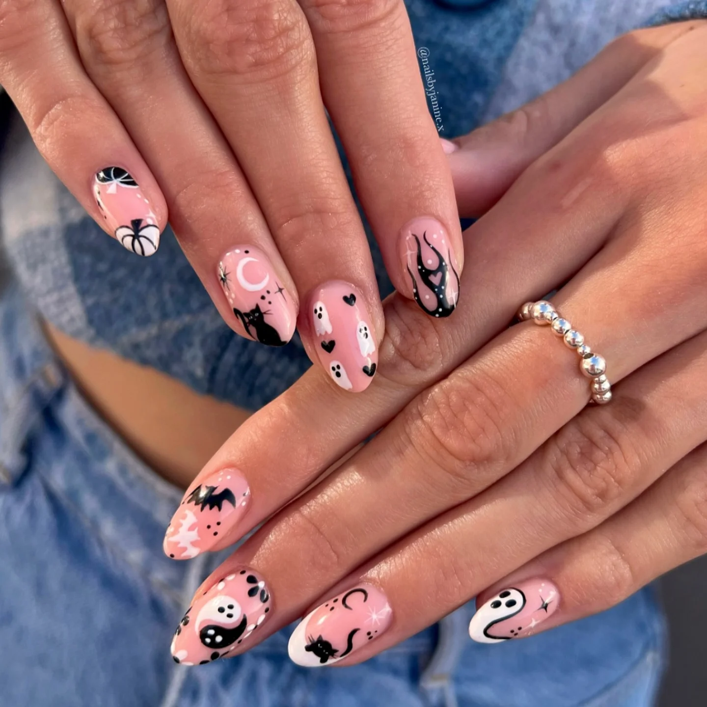 halloween nail art 2026 Pink Halloween With Ghosts Bats And Tiny Cats