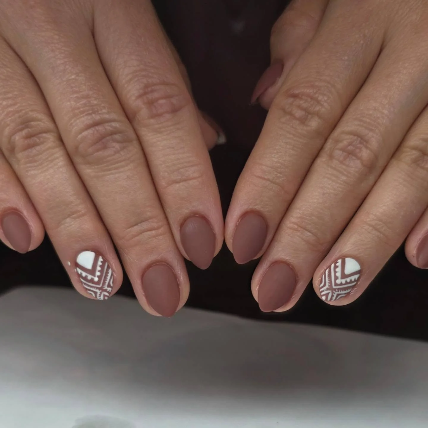 matte fall nails design 2026 Taupe Matte Nails With White Geometric Accents