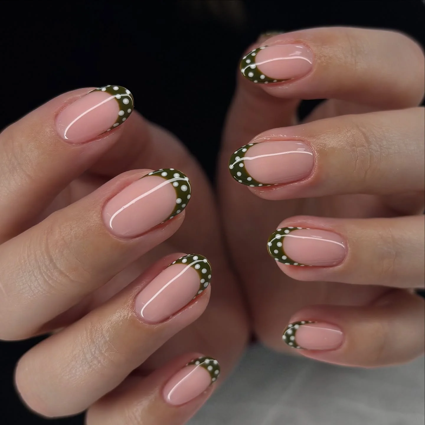 polka dot fall nails 2026 Olive French Tips With Delicate White Dots