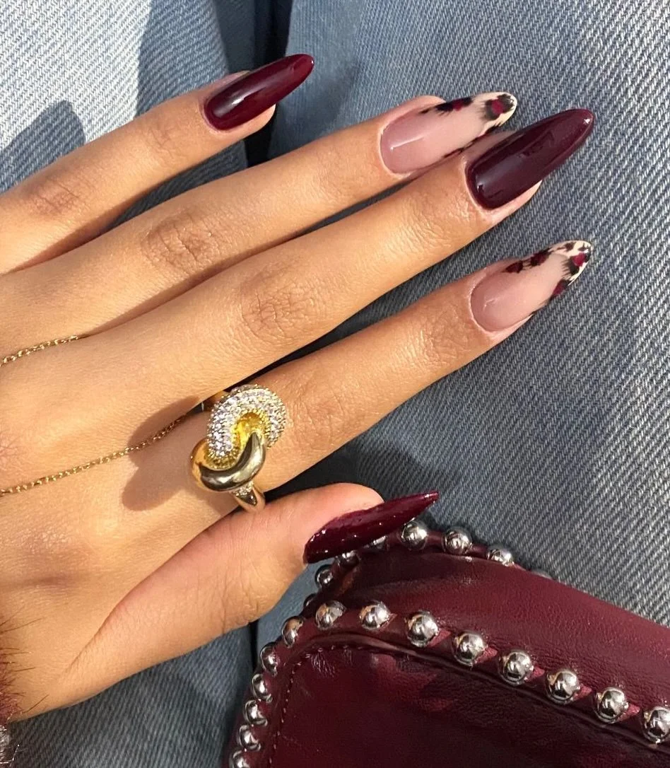 fall burgundy nails with design Burgundy Almond Nails With Statement French Edges