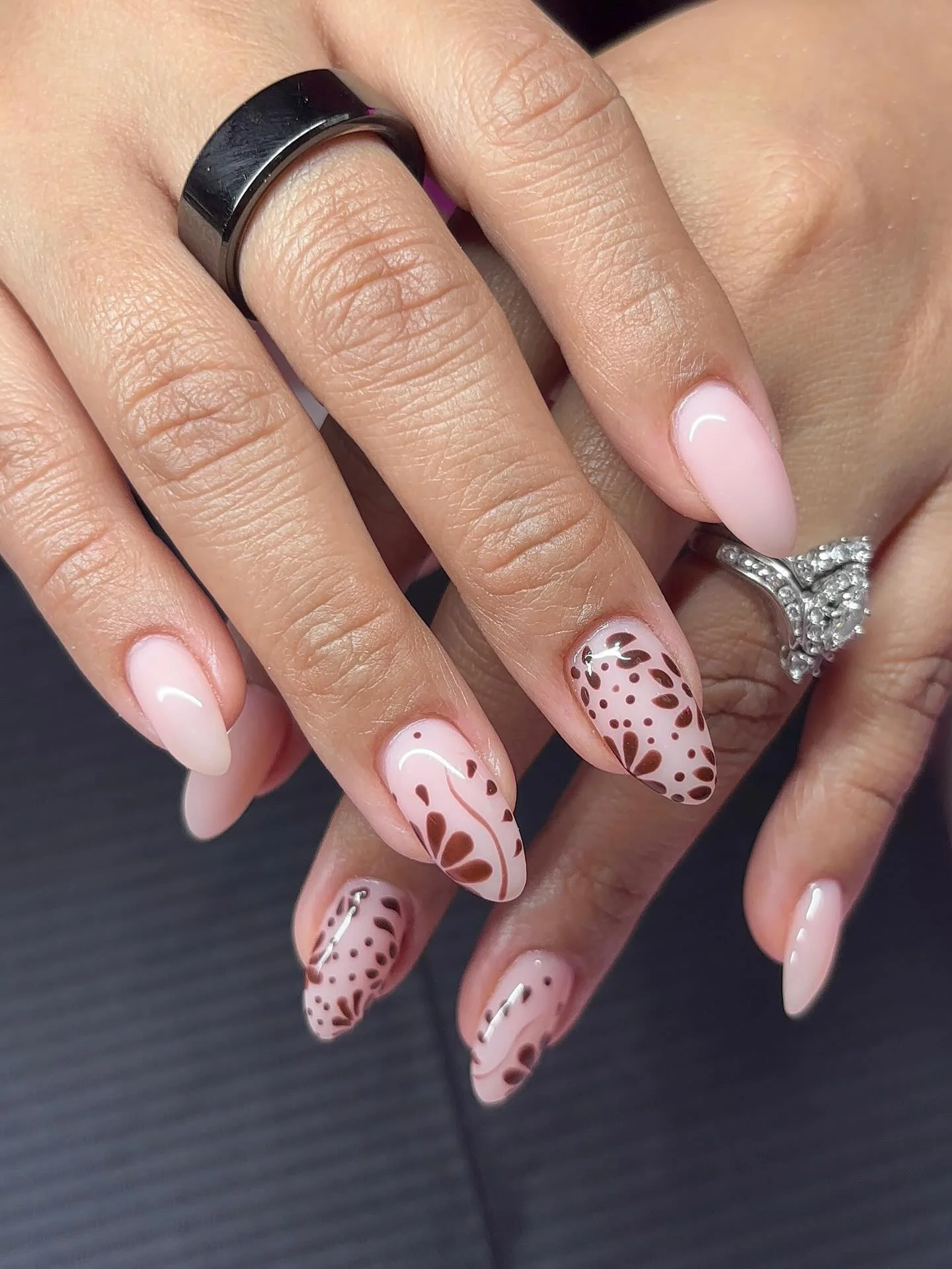 fall manicure ideas 2026 Minimalist Chocolate Botanical Almond Nails