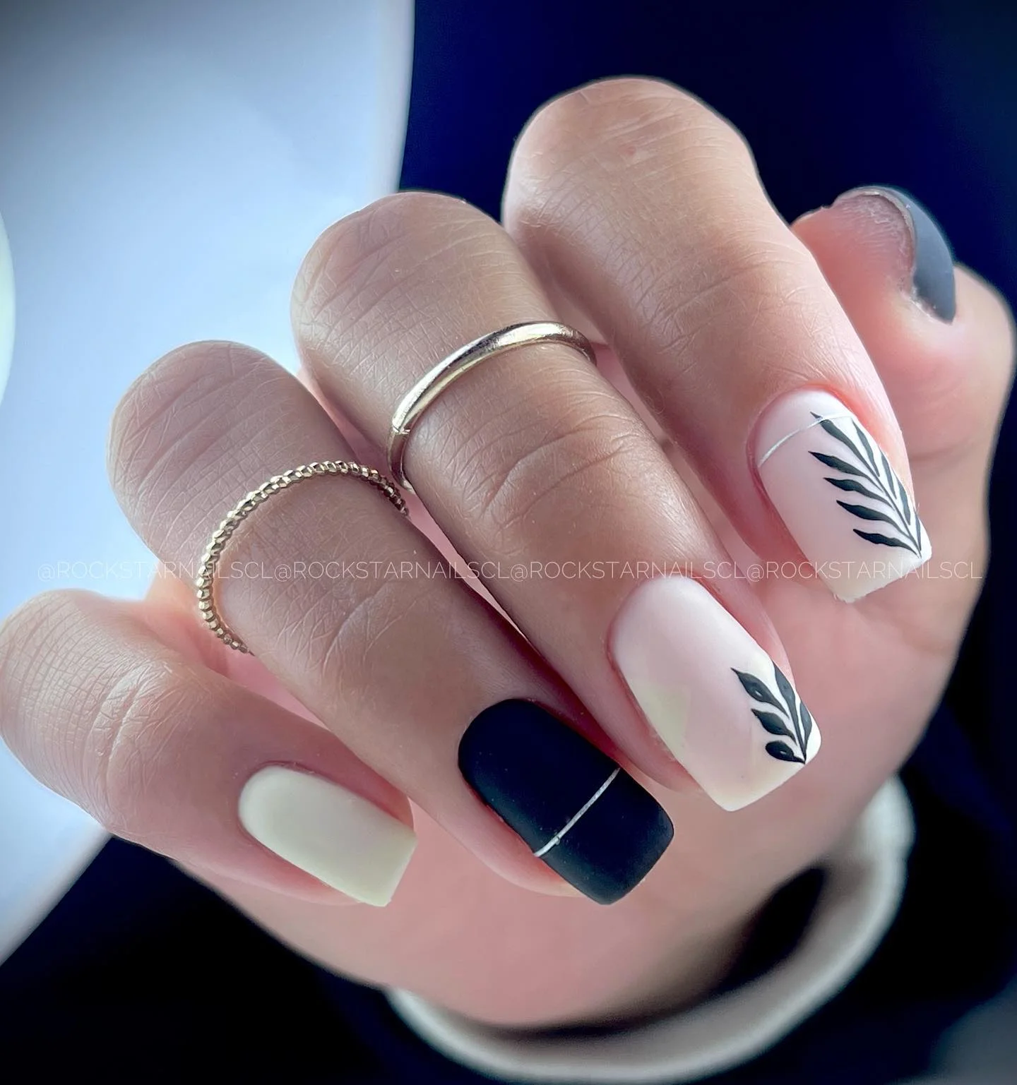 fall matte nails 2026 Milky Cream And Deep Navy With Fine Botanical Lines