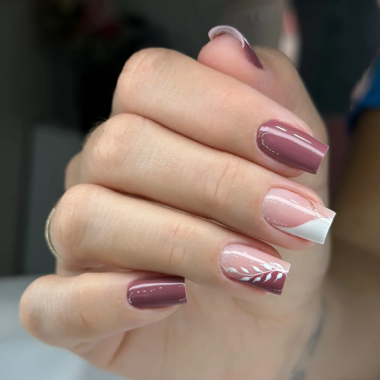 fall mid length nails 2026 Mauve Square Nails With Minimalist White Botanical Art