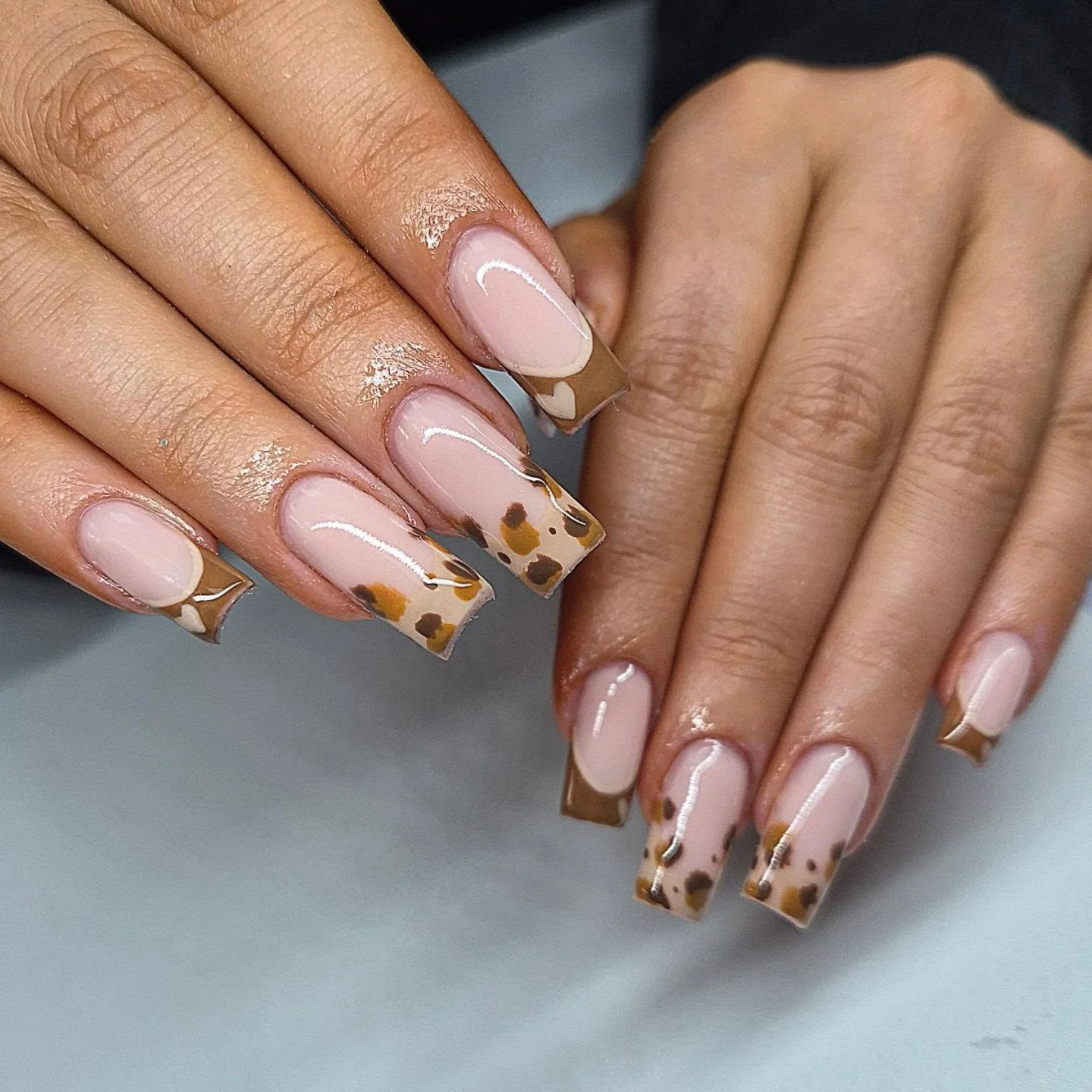 fall nail designs square shape 2026 Abstract Mocha French Tips With Modern Animal Accents
