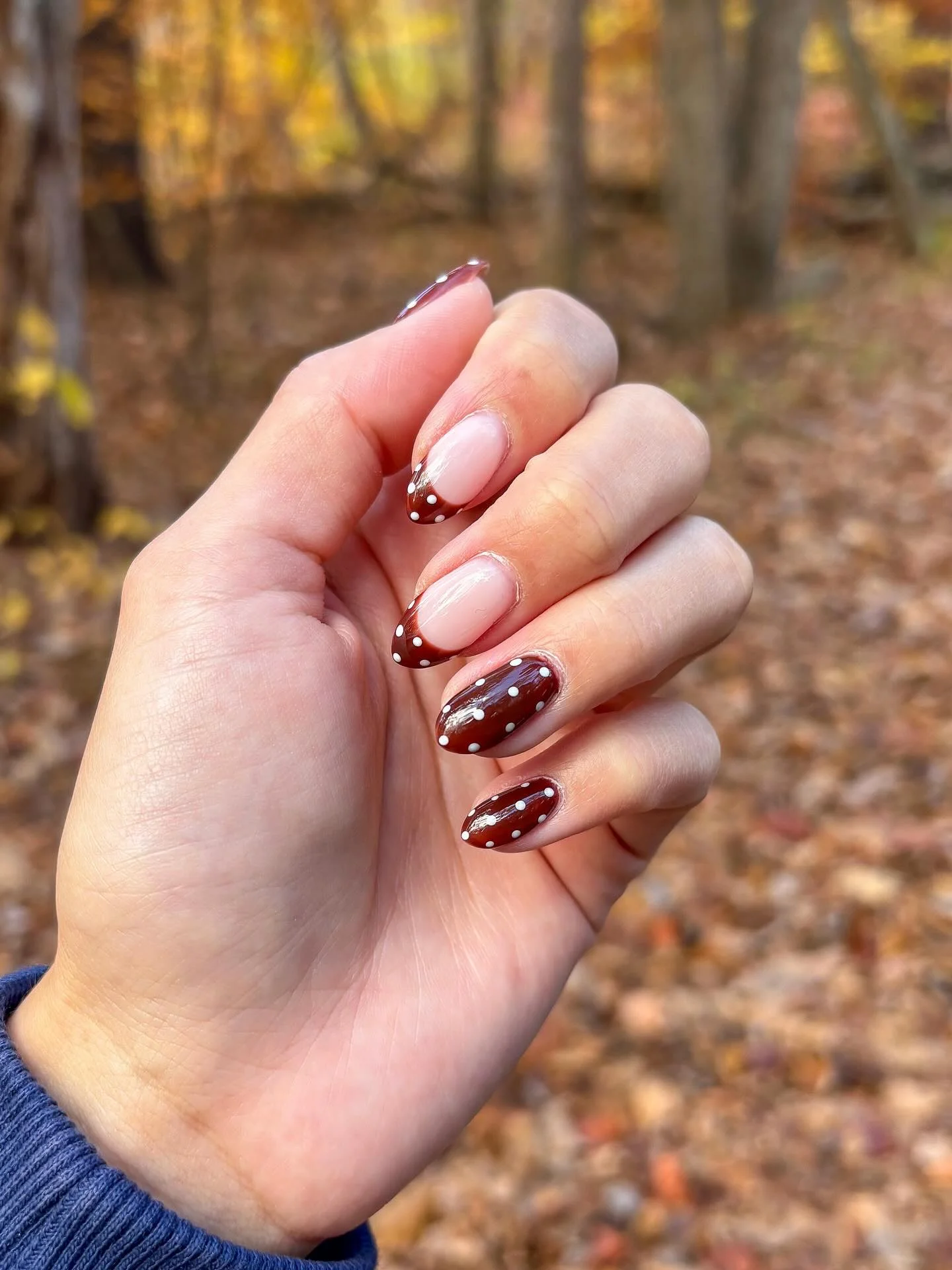 fall nails for pale skin 2026 Chocolate Micro French With Playful White Dots