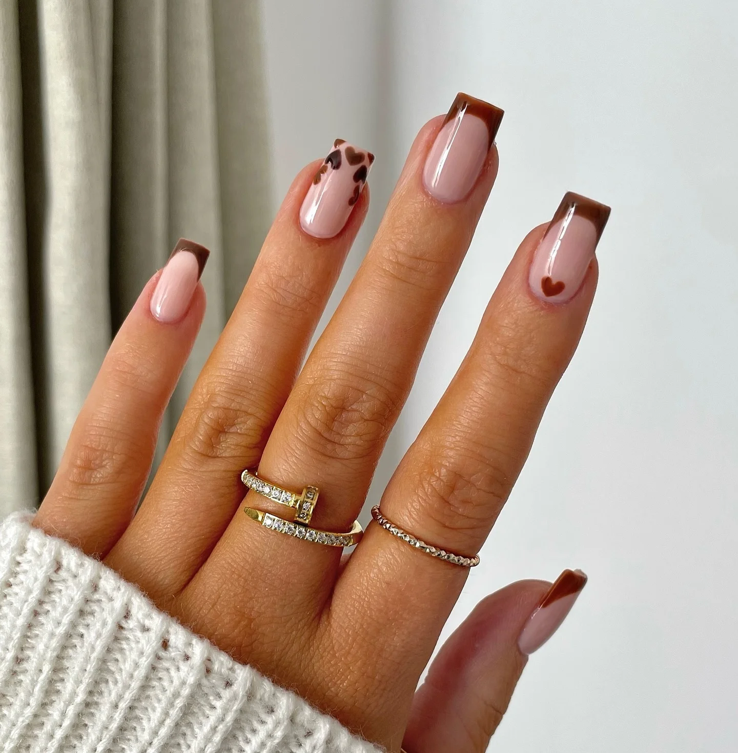 fall nails for tan skin tone Chocolate Micro French With Tiny Heart Accents