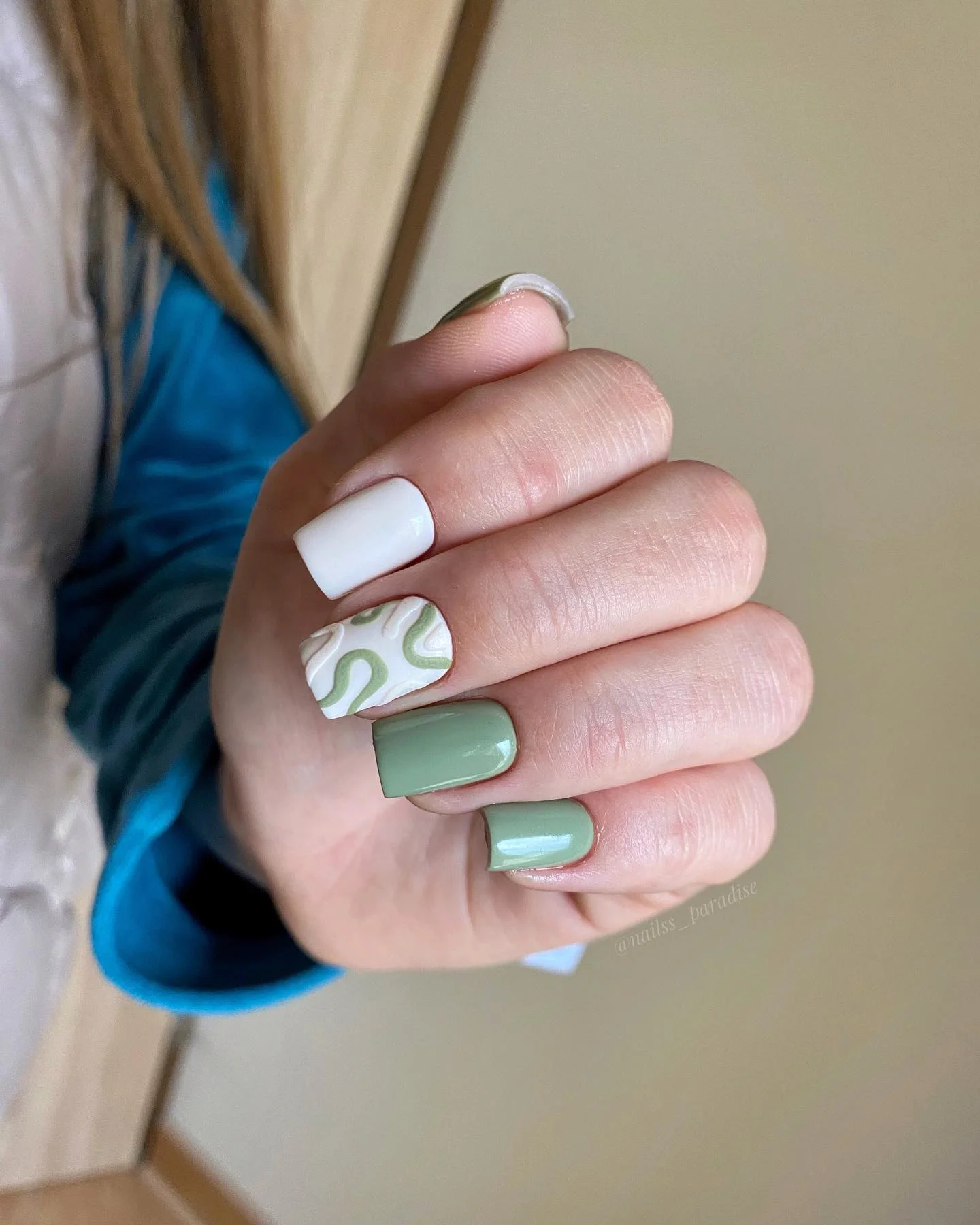fall nails with accent nail Soft Sage And White With An Abstract Accent