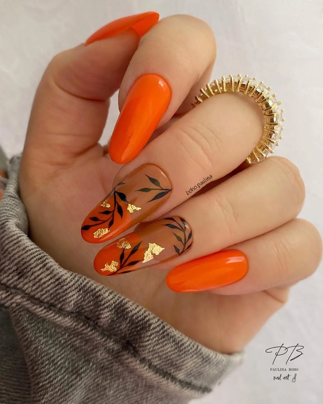 fall nails with autumn designs Burnt Orange Leaves And Gold Foil On A Glossy Autumn Base