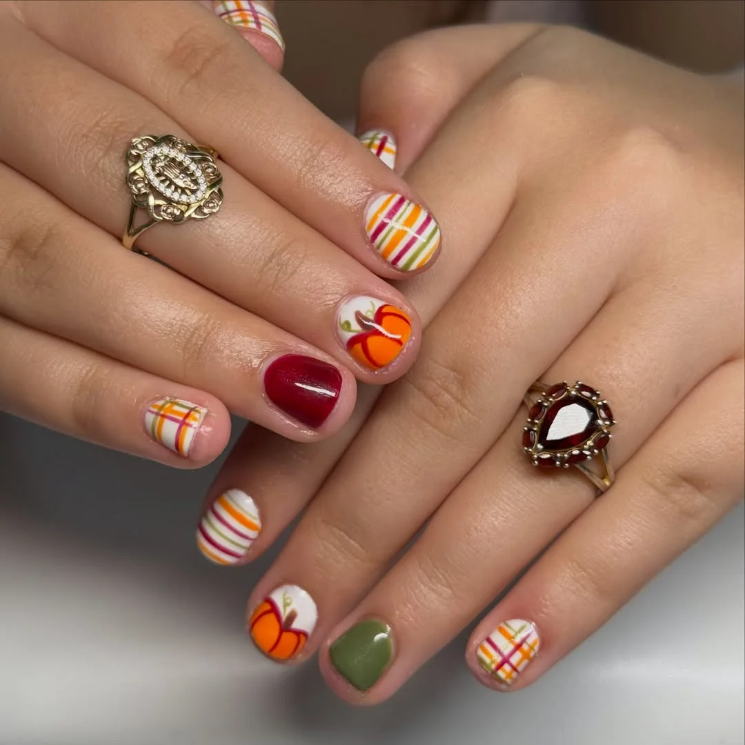 fall nails with pumpkins 2026 Colorful Plaid Pumpkins On Short Autumn Nails