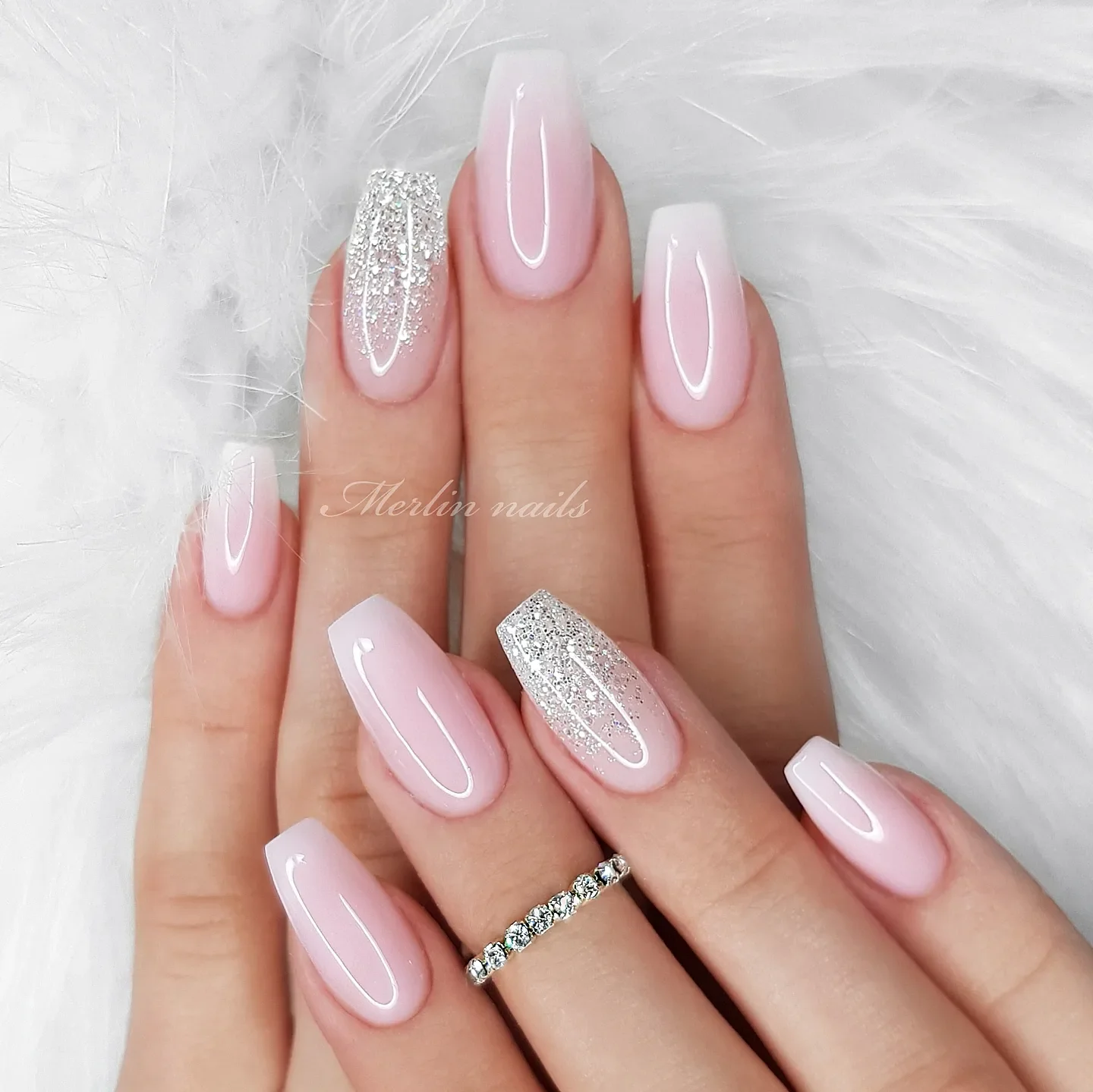 fall wedding nails 2026 Glossy Blush Coffin Nails With Silver Glitter Accent