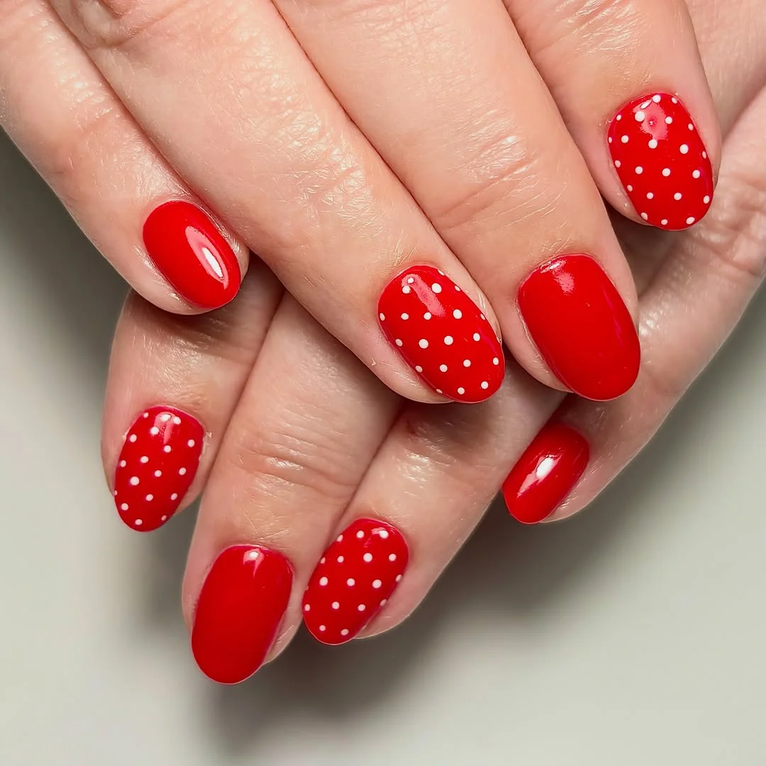 polka dot fall nails 2026 Cherry Red Polka Dots On Short Glossy Nails