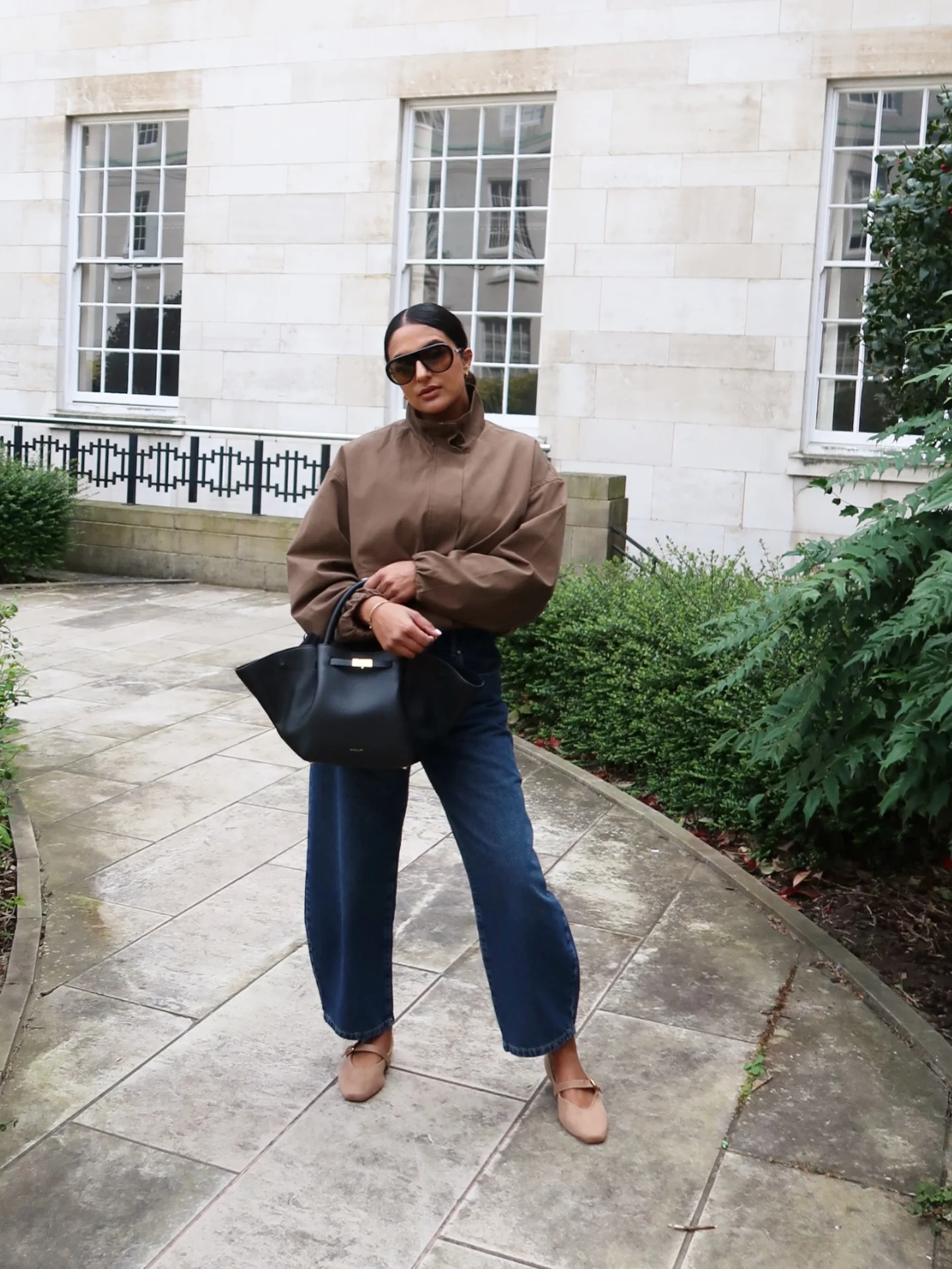 september outfit ideas 2026 Brown Zip-Up Jacket With Wide-Leg Jeans And Mary Jane Flats