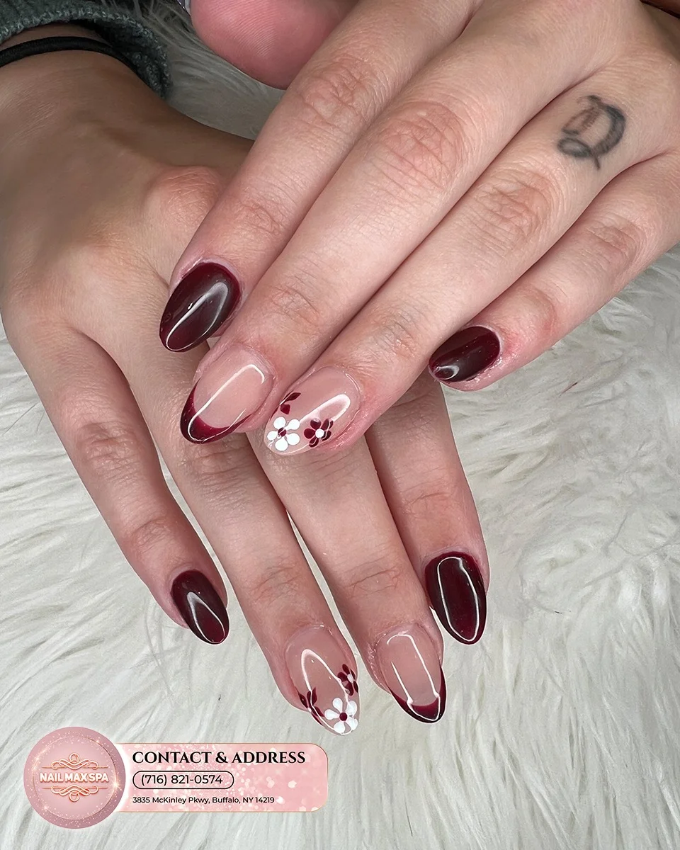 fall burgundy nails with design Deep Burgundy French Tips With Delicate Floral Accents