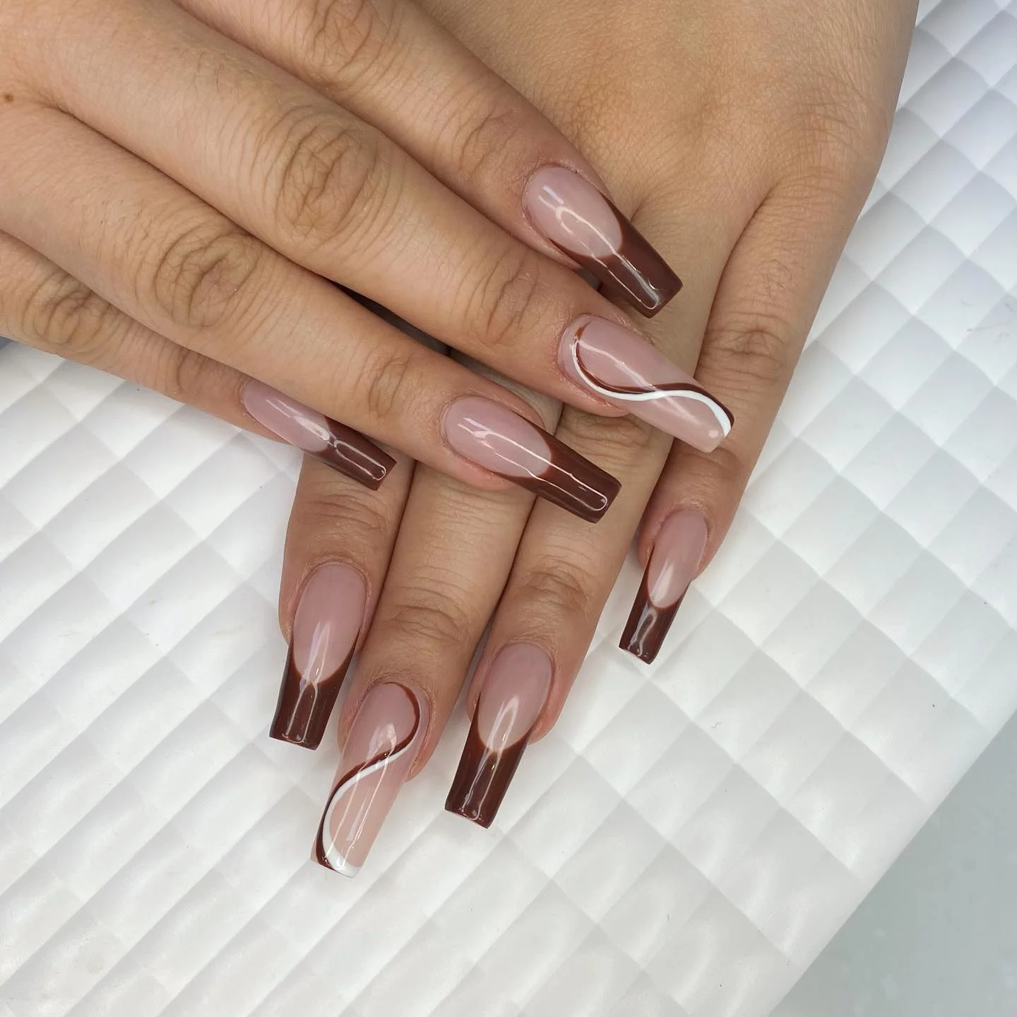 fall gel nails ideas 2026 Modern Chocolate French Tips With Flowing Lines