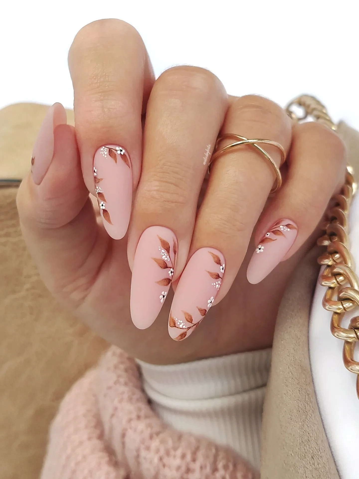 fall long nails 2026 Soft Pink Almond Nails With Delicate Autumn Leaf Details