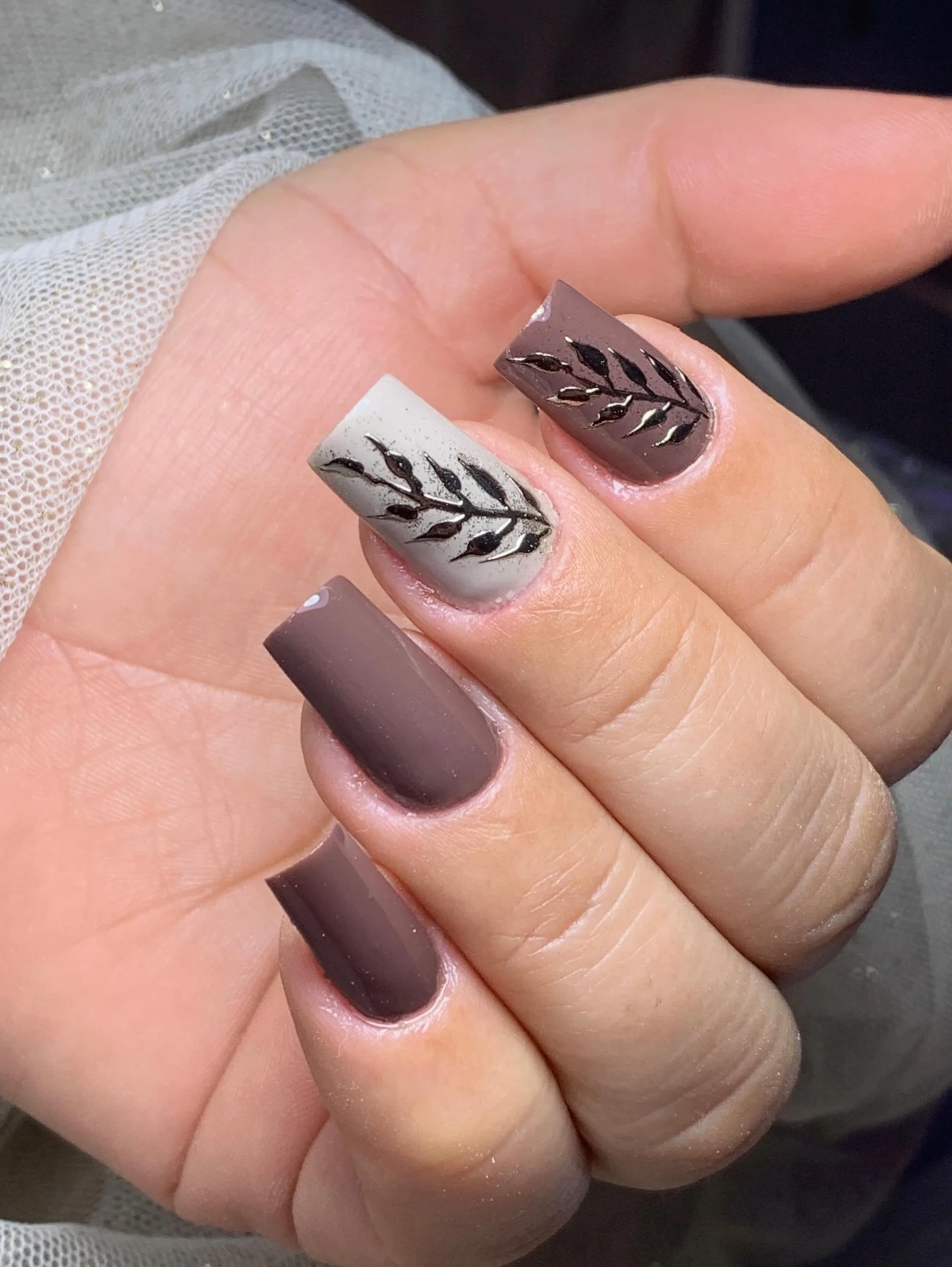 fall manicure ideas 2026 Matte Mocha Square Nails With Minimal Botanical Art