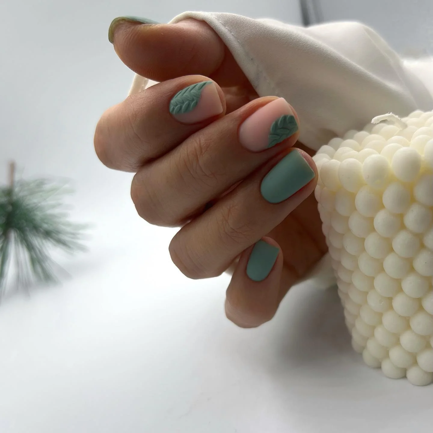 fall matte nails 2026 Soft Sage Green With Raised Botanical Leaves