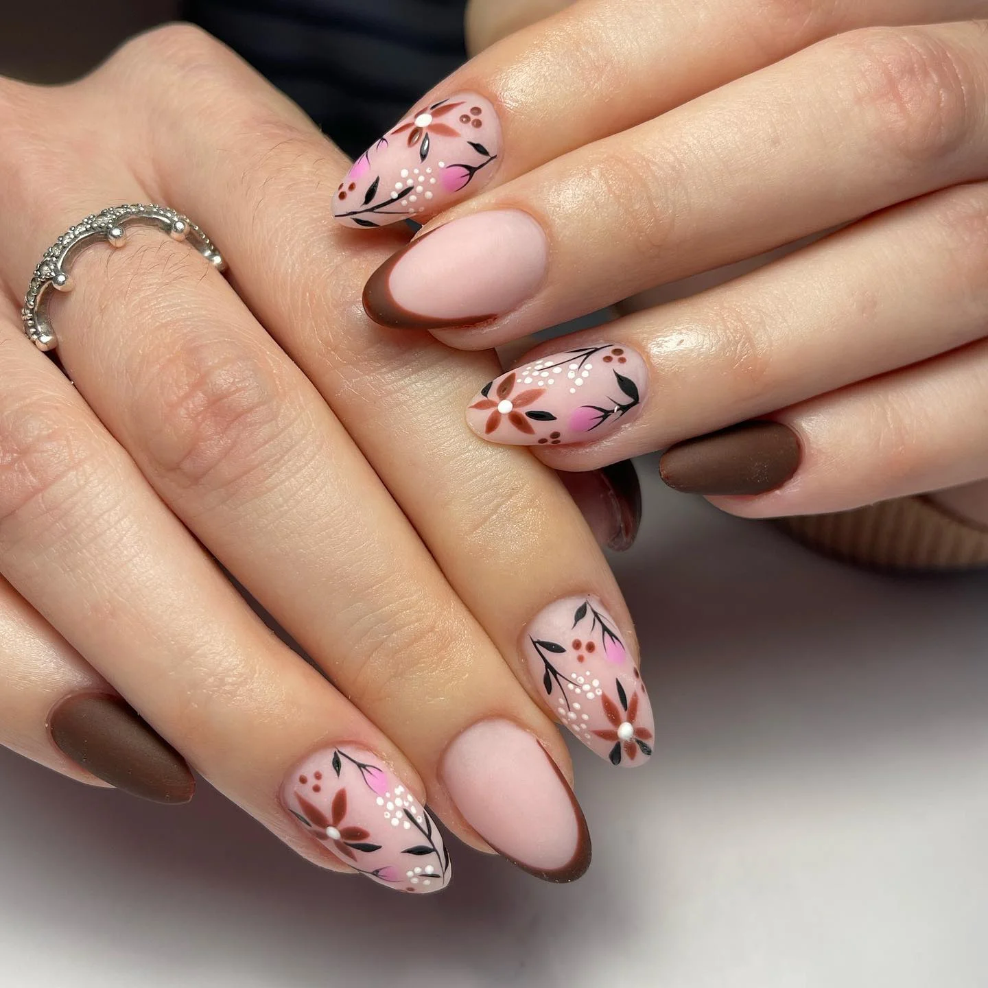 fall mid length nails 2026 Romantic Floral French Tips In Soft Cocoa Tones