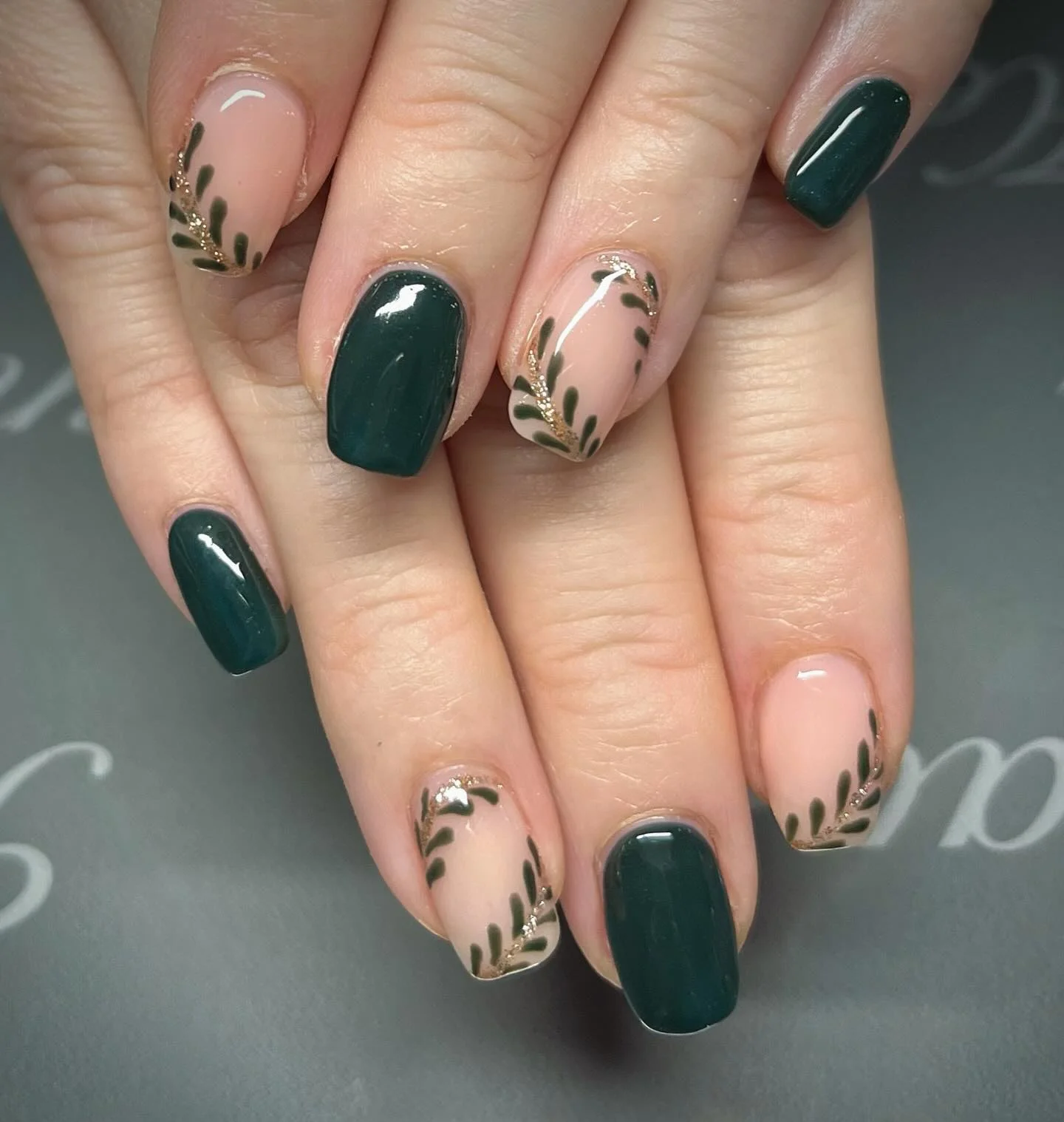 fall nail designs square shape 2026 Deep Forest Green Botanical Square Nails