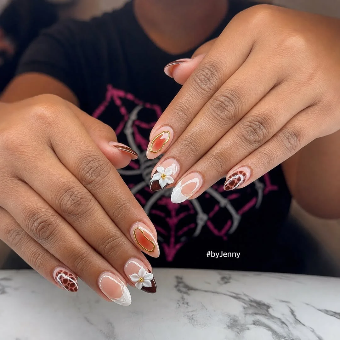 fall nails for brown skin tone Sheer Nude Nails With Chocolate Florals And Gold Details