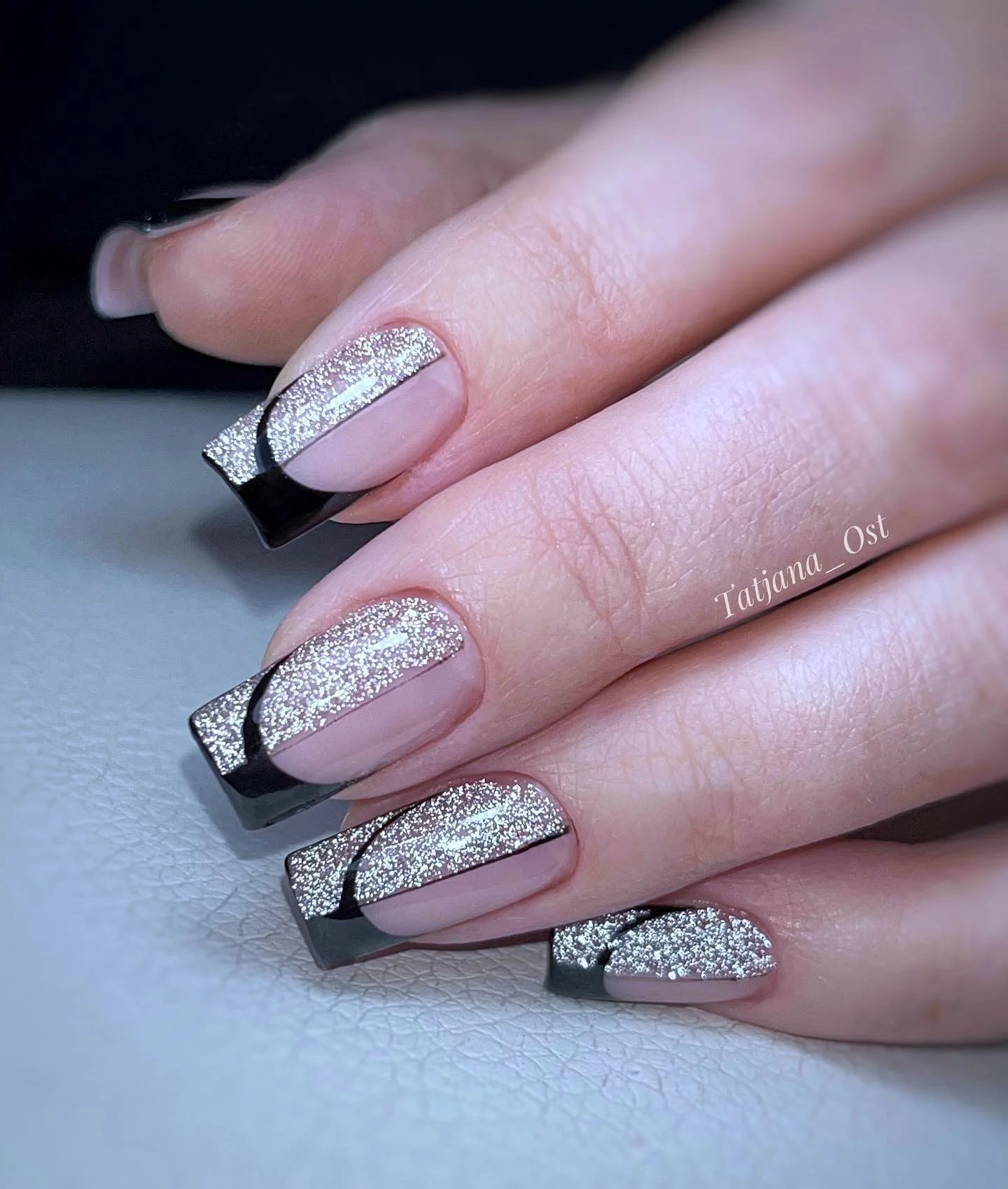fall nails for pale skin 2026 Silver Glitter And Black French Tips