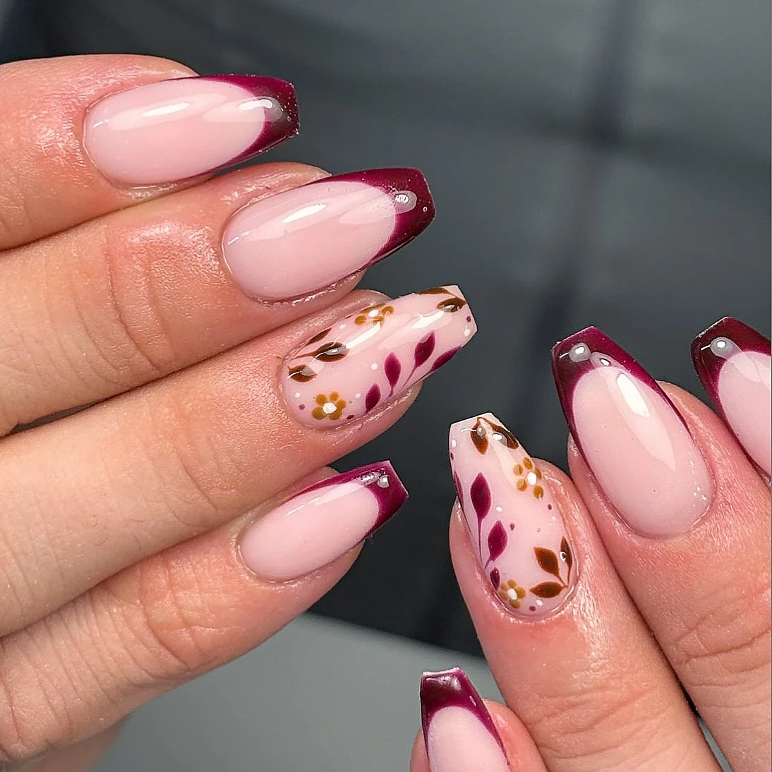 fall burgundy nails with design Blush Almond Nails With Burgundy Floral Garden Art